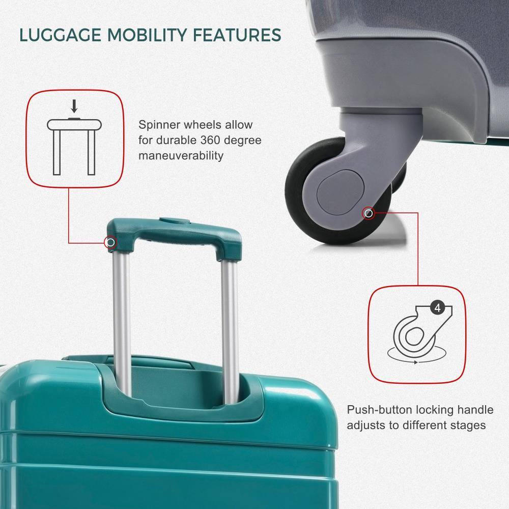 LUGGAGE MOBILITY FEATURES

Spinner wheels allow for durable 360 degree maneuverability

Push-button locking handle adjusts to different stages