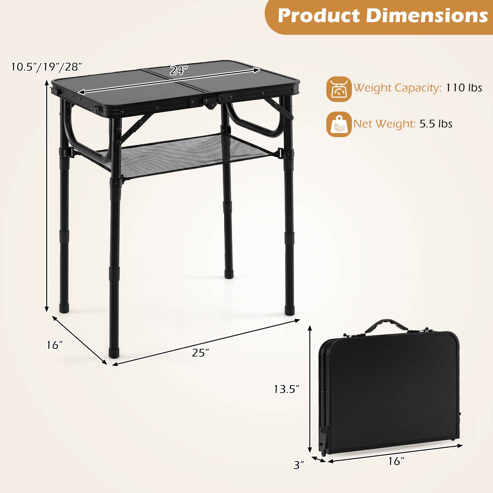 Gymax 2 FT Small Folding Camping Table w/3 Adjustable Heights
