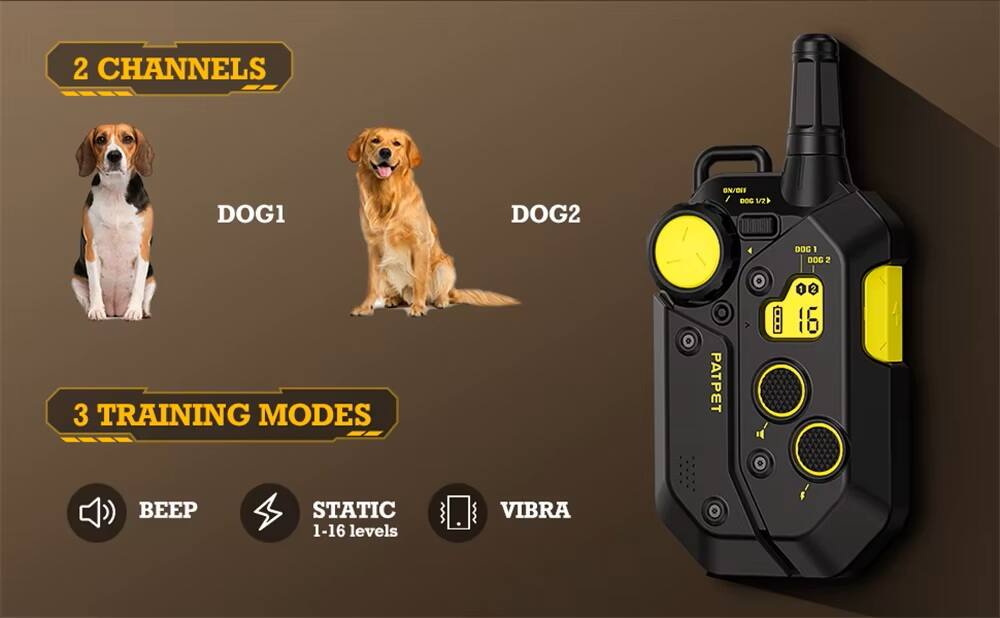 2 CHANNELS  
DOG1 DOG2  

ON/OFF DOG 1/2  

3 TRAINING MODES  
BEEP  
STATIC 1-16 levels  
VIBRA  

PATPET