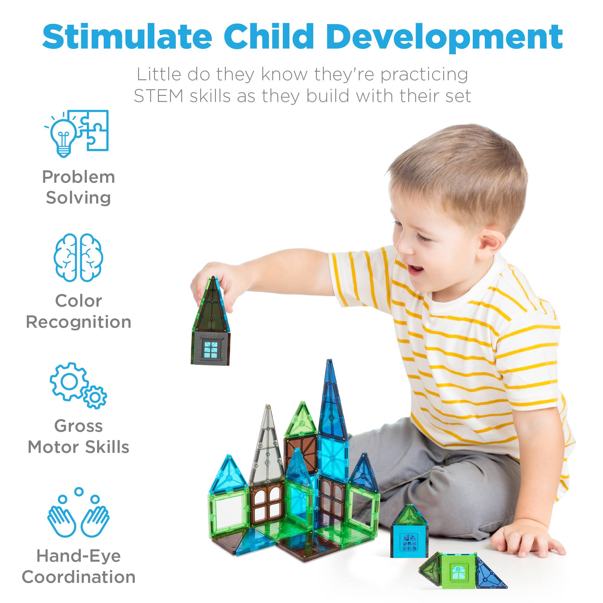 Stimulate Child Development  
Little do they know they're practicing STEM skills as they build with their set

- Problem Solving
- Color Recognition
- Gross Motor Skills
- Hand-Eye Coordination