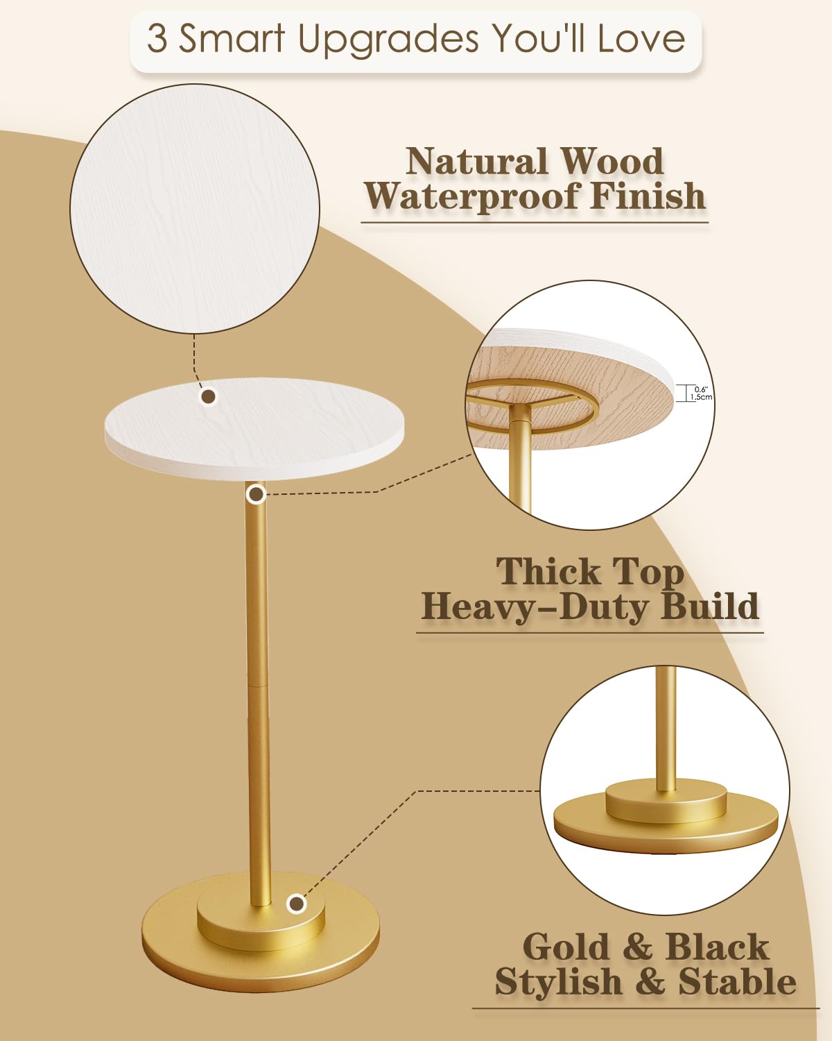 3 Smart Upgrades You'll Love

- Natural Wood Waterproof Finish
- Thick Top Heavy-Duty Build
- Gold & Black Stylish & Stable