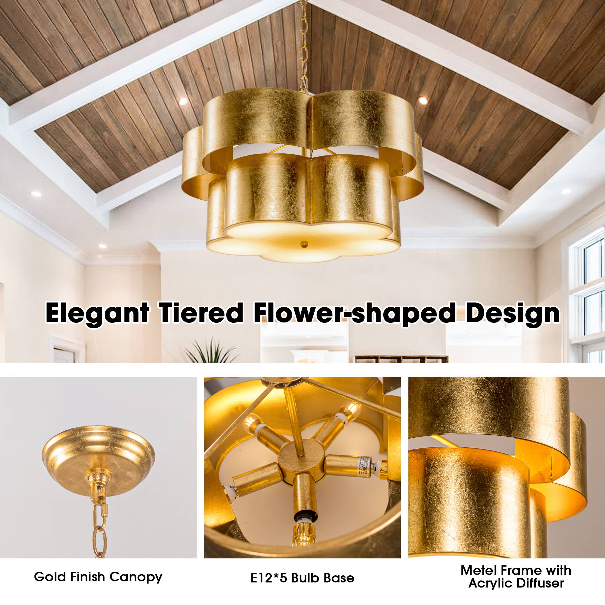 Elegant Tiered Flower-shaped Design

Gold Finish Canopy

E12*5 Bulb Base

Metal Frame with Acrylic Diffuser