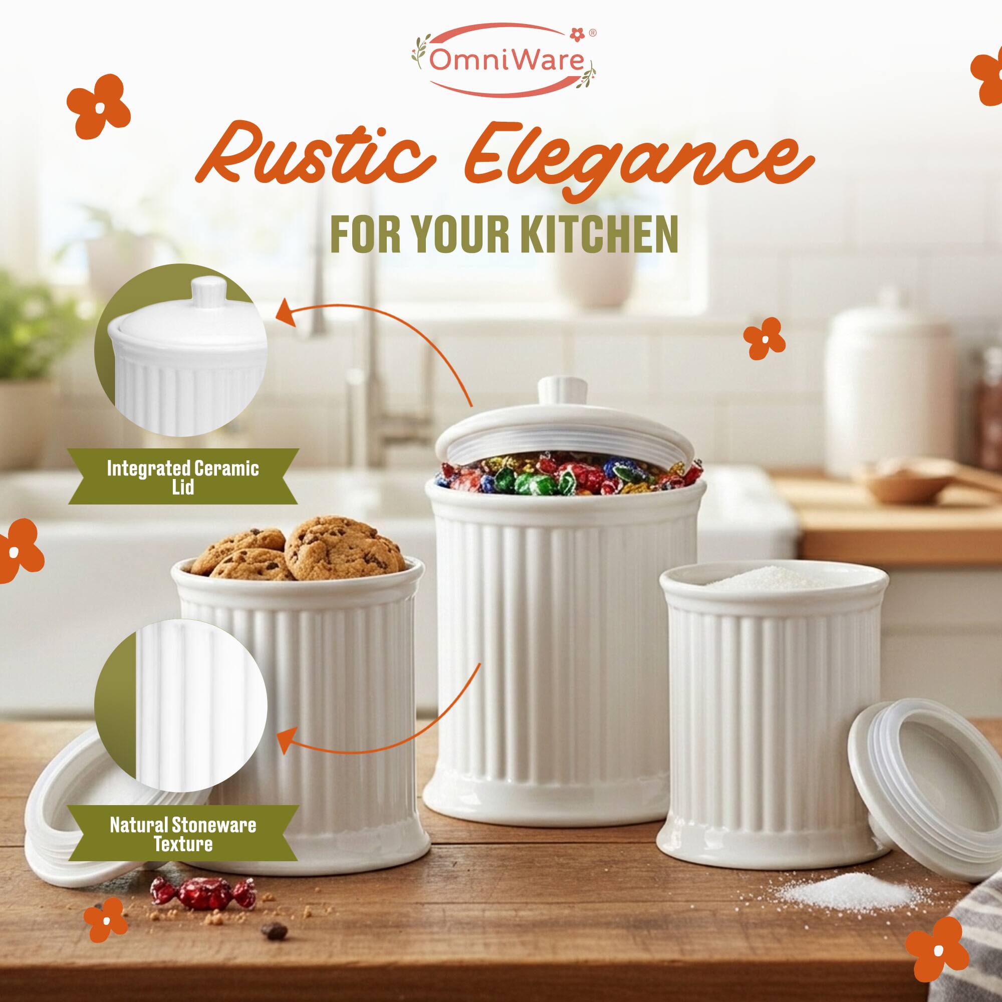 OmniWare Rustic Elegance FOR YOUR KITCHEN Integrated Ceramic Lid Natural Stoneware Texture