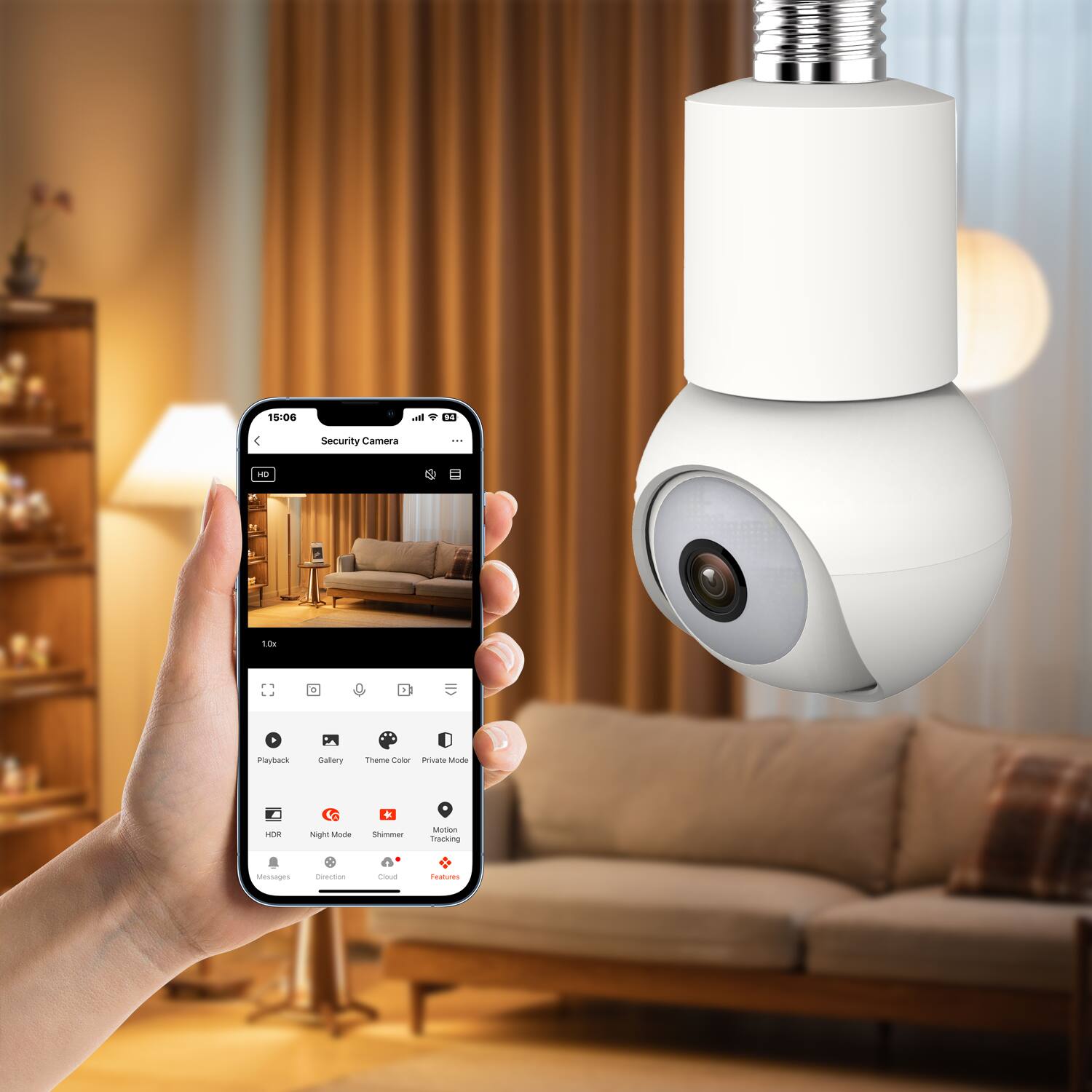 15:00 odl B4 Security Camera  
- in H 10s  
- Playback Gallery  
- Theme Color  
- Private Mode  
- HQR  
- Night Mode  
- Shimmer  
- Motion Tracking  
- Messages  
- Direction  
- Cloud  
- Features