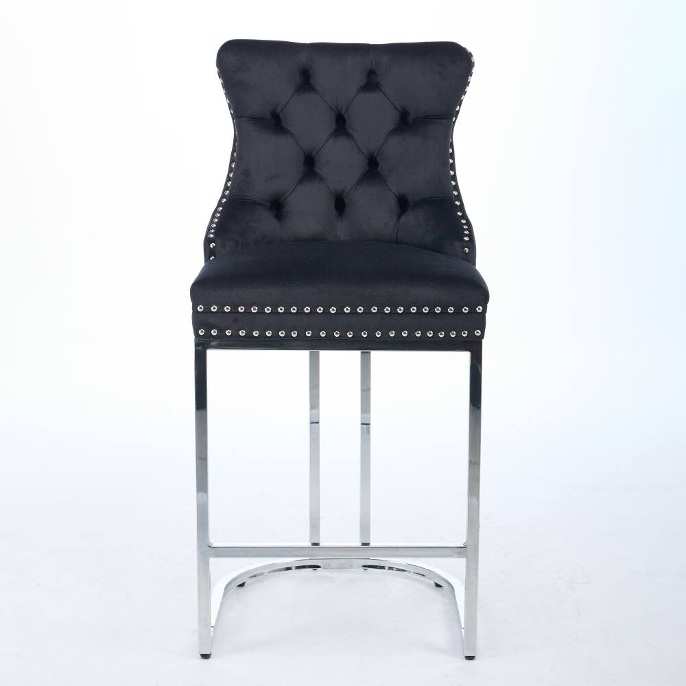 Angle. Loheer - Loheer Counter Height Bar Stools Set of 2 Black Velvet Tufted Kitchen Island Chairs with Metal Legs - Black.