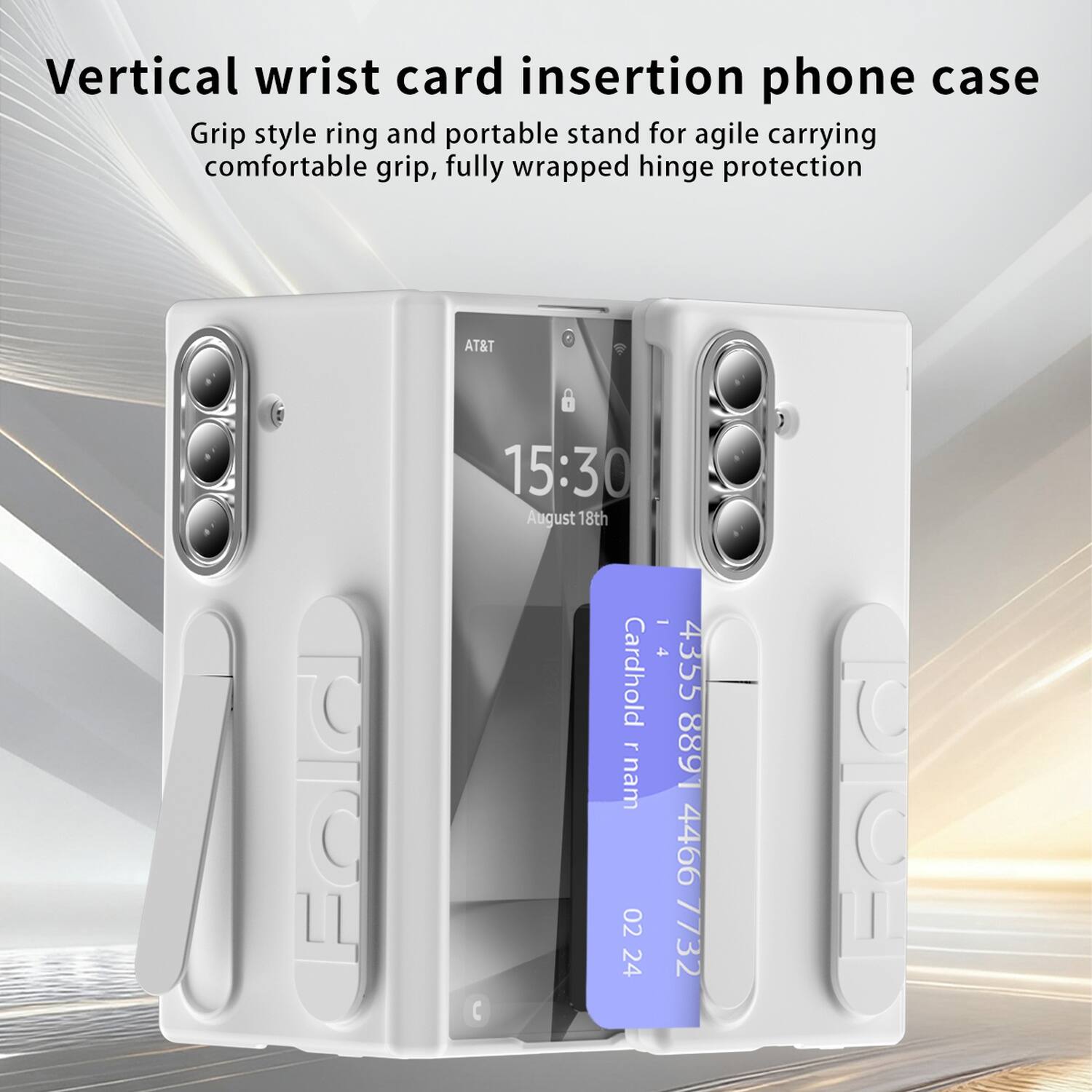 Vertical wrist card insertion phone case  
Grip style ring and portable stand for agile carrying comfortable grip, fully wrapped hinge protection  

AT&T  
15:30  
August 18th  

Cardhold rnam  
4355 8891 4466 02 7732 24