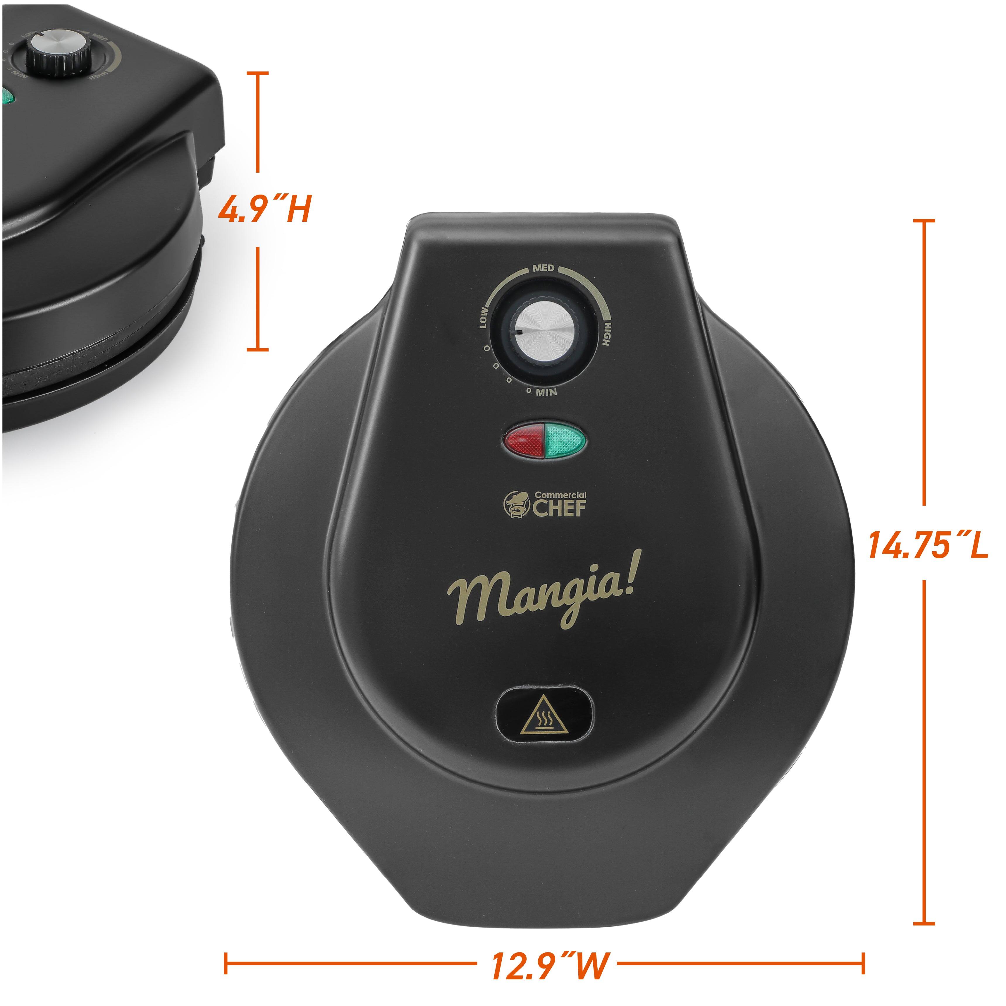 - Height: 4.9"
- Length: 14.75"
- Width: 12.9"
- Brand: Chef Mangia!
- Settings: Low, Med, High
- Commercial use