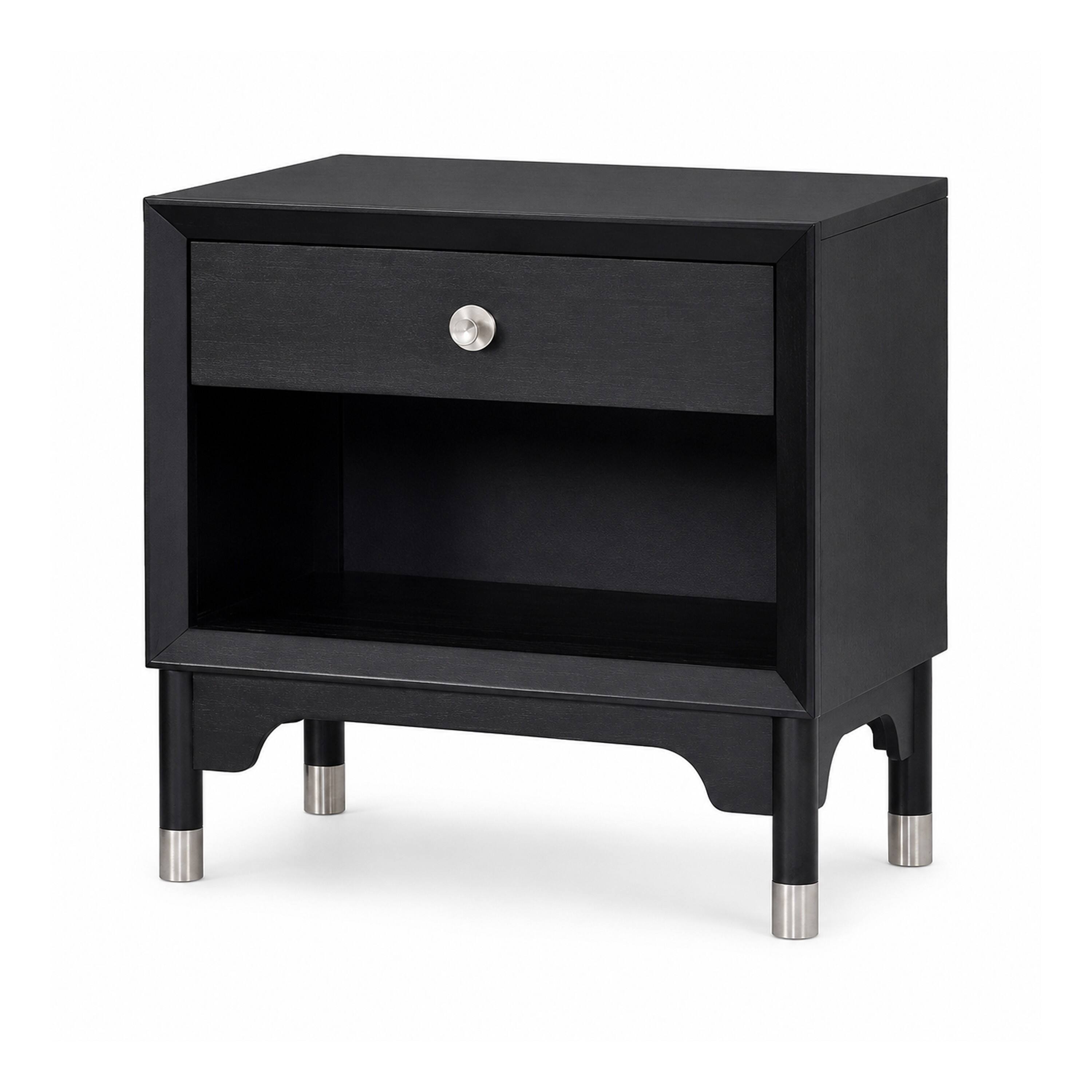 Angle. Manhattan Lane - Tora Nightstand, 2 USB Ports, Drawer and Shelf, Capped Legs - Black, Silver.