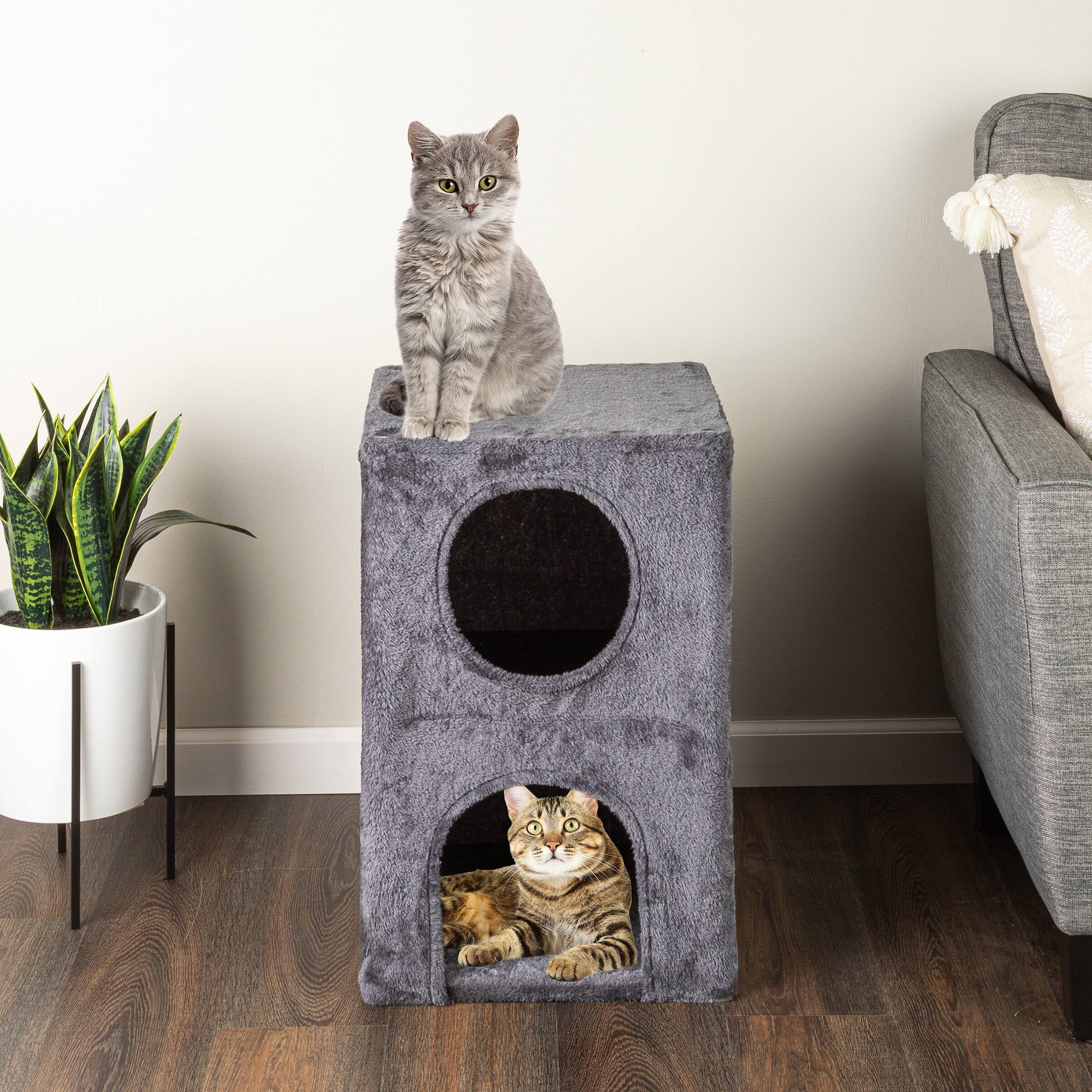 Front. PetMaker - 2 Story Cat Condo House for Indoors 15.75” x 23.75” Double Cat Bed Cave with Soft and Cozy Plush Covered Surface.
