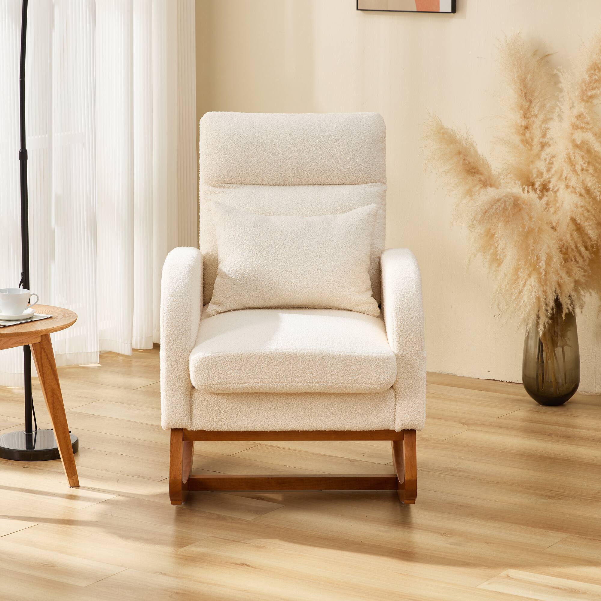 Alt View 4. U-HOMY - U-HOMY Rocking Chair Comfort Set: Solid Wood with Pillow, Blanket | Plush Teddy Fleece Accent Chair for Living Room - Beige.