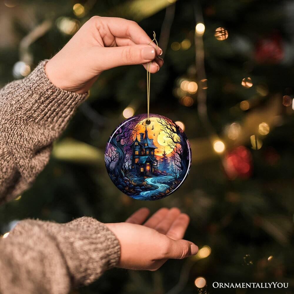 Alt View 1. OrnamentallyYou - Eerie Abode Amidst Spooky Trees Stained Glass Style Ceramic Ornament Halloween Themed Christmas - Multi-colored.