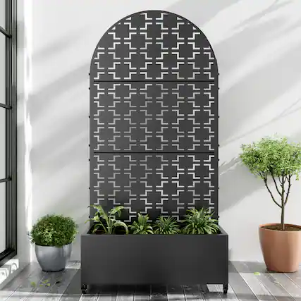 Front. PexFix - 72 in. H x 35 in. W Grid Pattern Arch Metal Planter Box Raised Garden Beds with Trellis-Ideal for Balcony - Black.