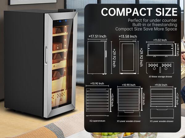 COMPACT SIZE  
Perfect for under counter  
Built-in or freestanding  
Compact Size Save More Space  

- 17.51 Inch  
- 13.58 Inch  
- 11.02 Inch  
- 29.92 Inch  
- 10.90 Inch  
- 10.90 Inch  
- 9.84 Inch  
- 7.87 Inch  

- X1 Water storage drawer  
- X2 superstratum  
- X1 Lower wooden drawer  
- X1 Lower wooden drawer