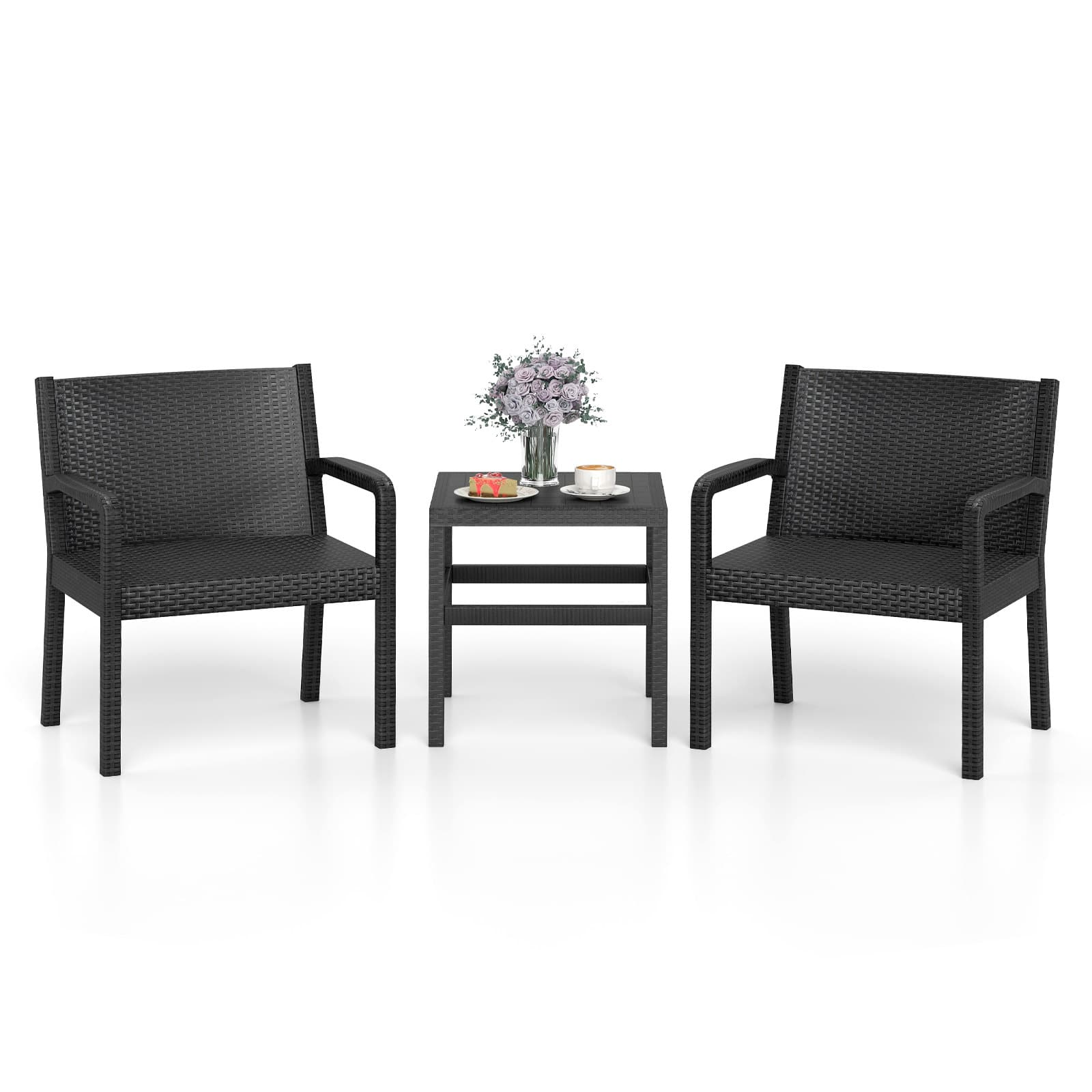 Gymax - Set Of 3 Patio Furniture Set w/ 2 Modern Rattan Armchair & 25'' Squire Side Table - Black