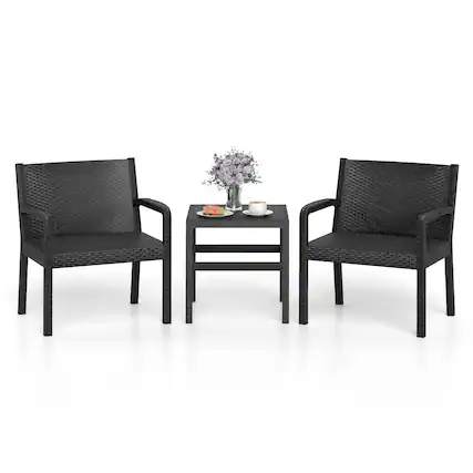 Front. Gymax - Gymax Set Of 3 Patio Furniture Set w/ 2 Modern Rattan Armchair & 25'' Squire Side Table - Black.