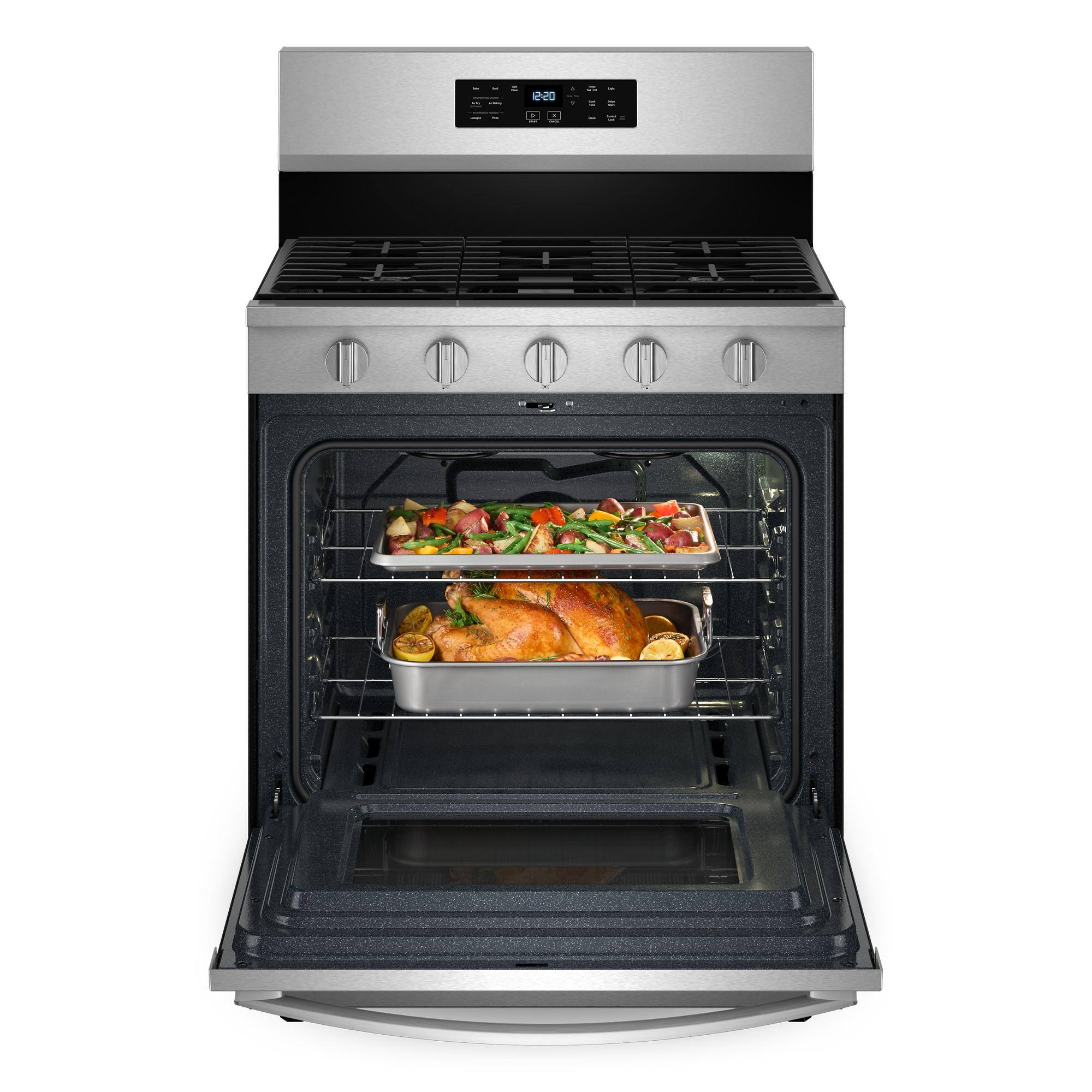 Left. Whirlpool - 5.0 Cu. Ft. Freestanding Single Gas Range with Air Fry and Air Baking - Stainless Steel.