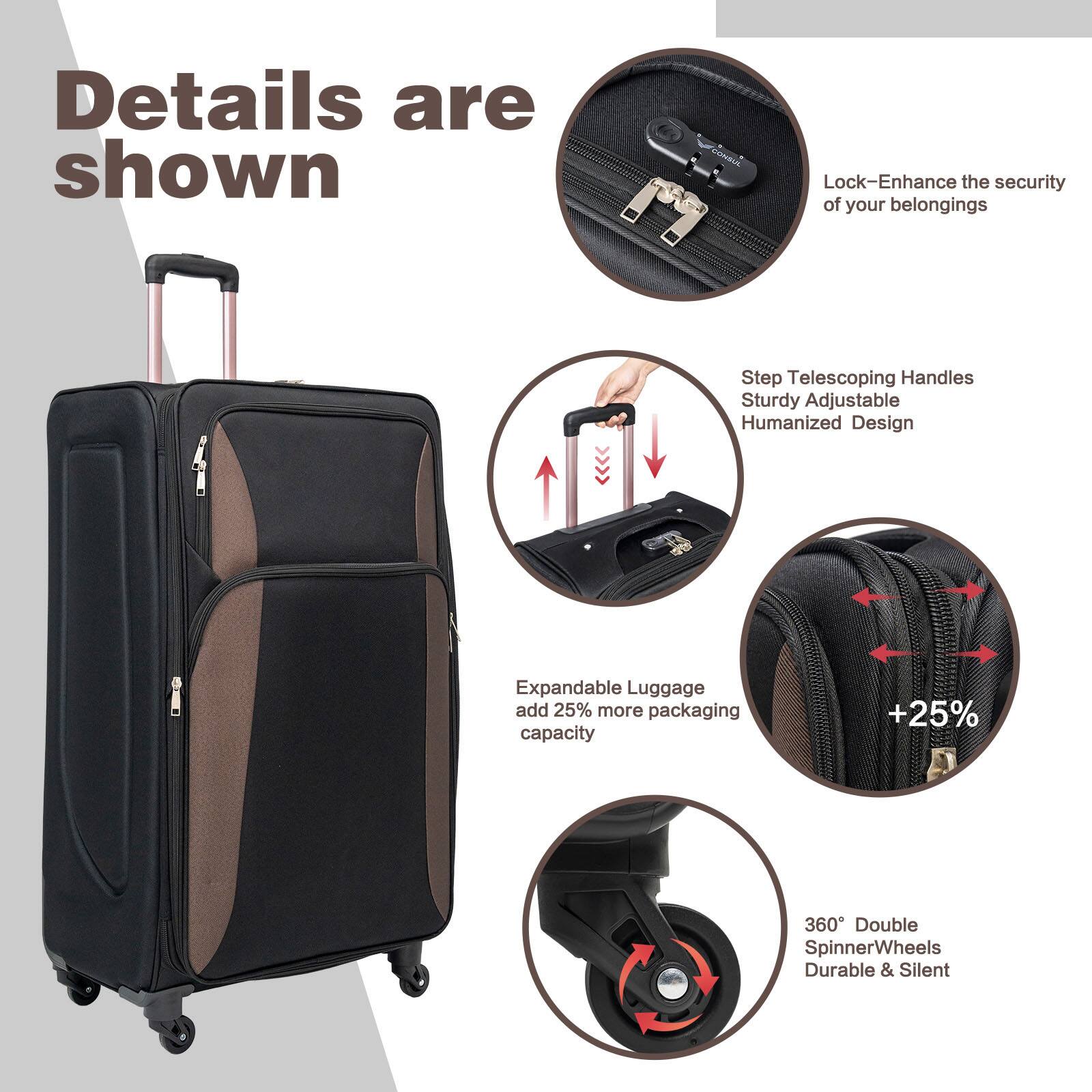 Details are shown

- Lock - Enhance the security of your belongings
- Step Telescoping Handles - Sturdy Adjustable Humanized Design
- Expandable Luggage - add 25% more packaging capacity
- 360° Double SpinnerWheels - Durable & Silent