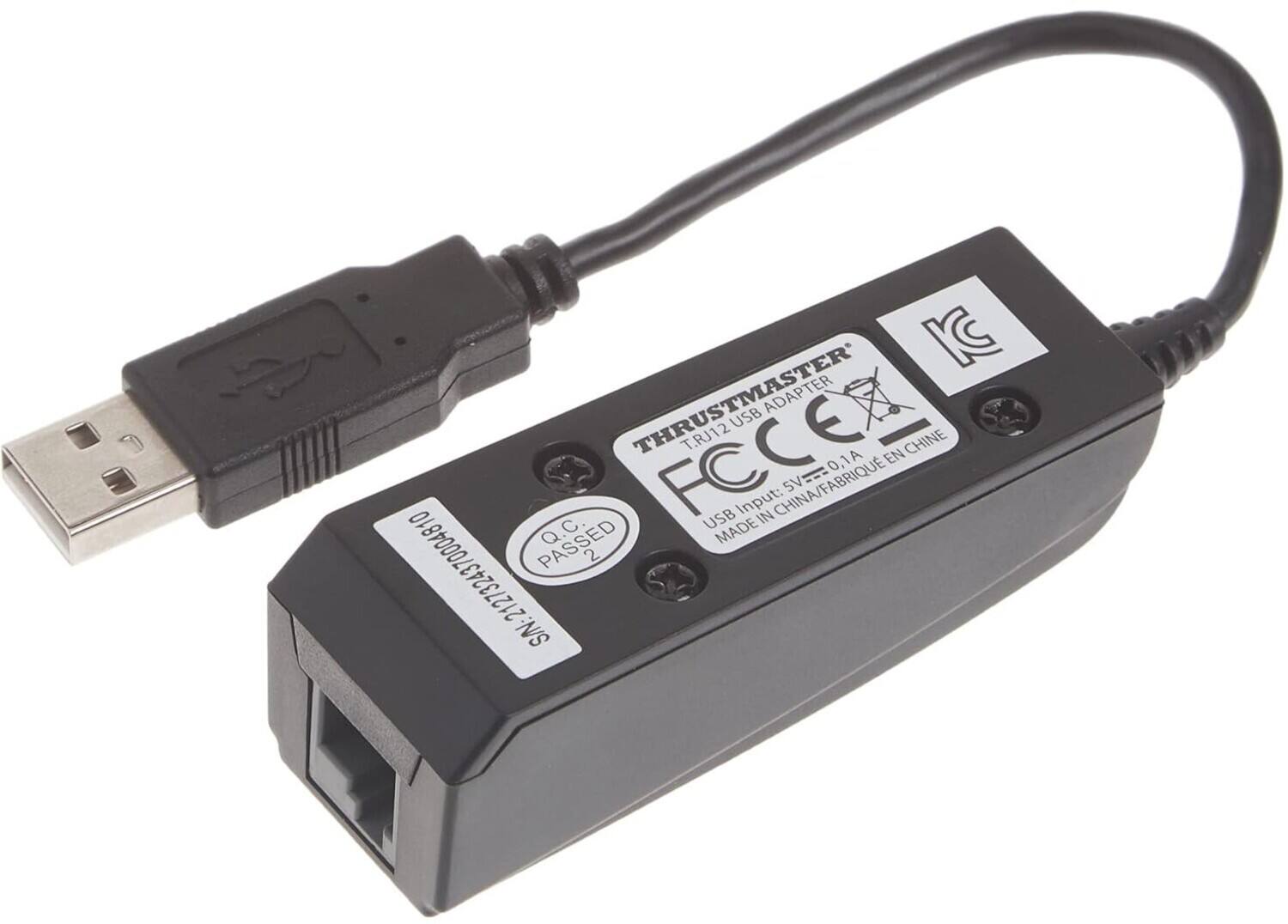 THRUSTMASTER  
T.RJ12 USB ADAPTER  
USB Input: 5V=0.1A  
MADE IN CHINA/FABRIQUÉ EN CHINE  

Q.C. PASSED  
2  

SIN: 2127324370004810  

FC  
KC