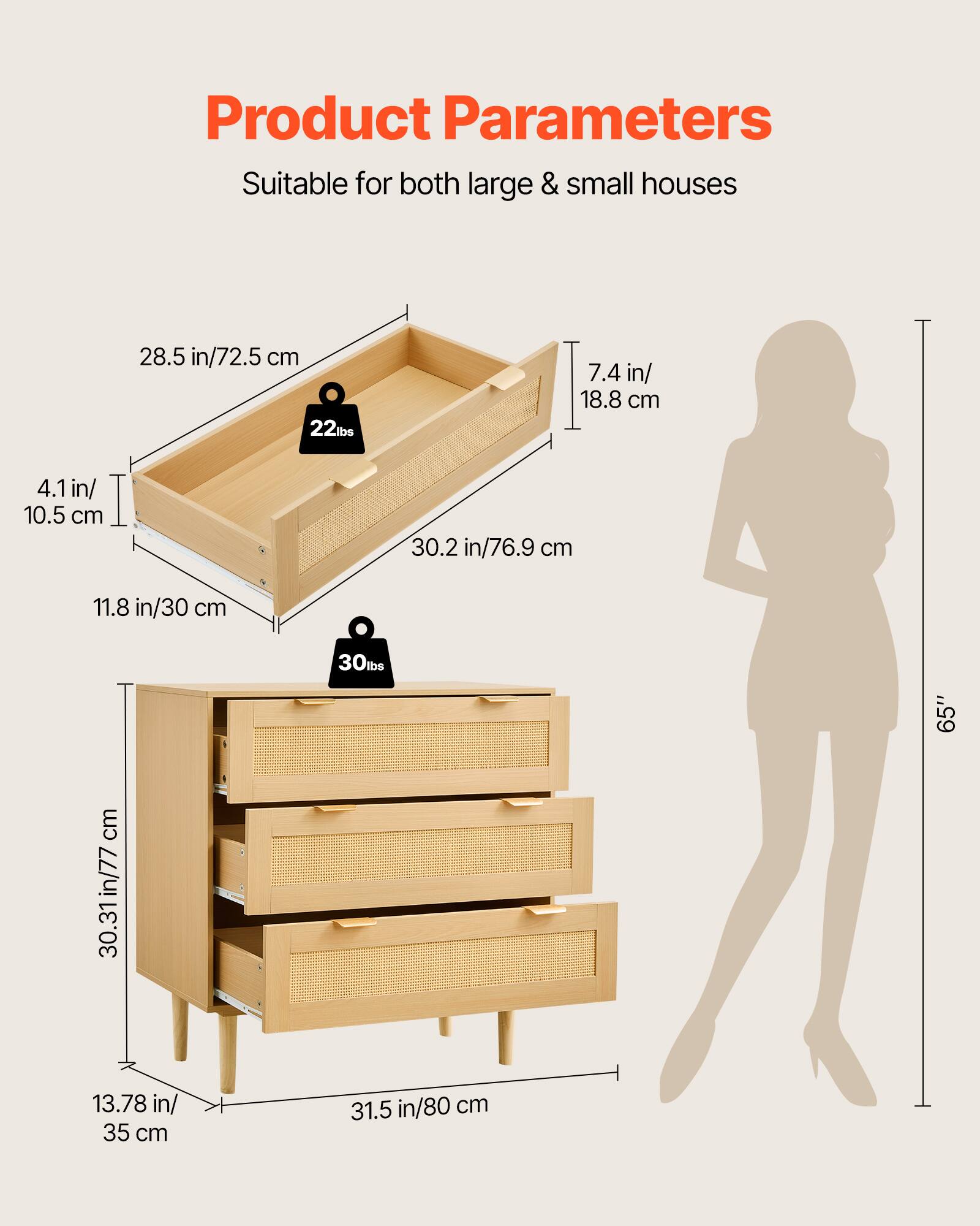 Product Parameters  
Suitable for both large & small houses  

- 28.5 in/72.5 cm  
- 22 lbs  
- 7.4 in/18.8 cm  
- 4.1 in/10.5 cm  
- 30.2 in/76.9 cm  
- 11.8 in/30 cm  
- 30 lbs  
- 30.31 in/77 cm  
- 13.78 in/35 cm  
- 31.5 in/80 cm