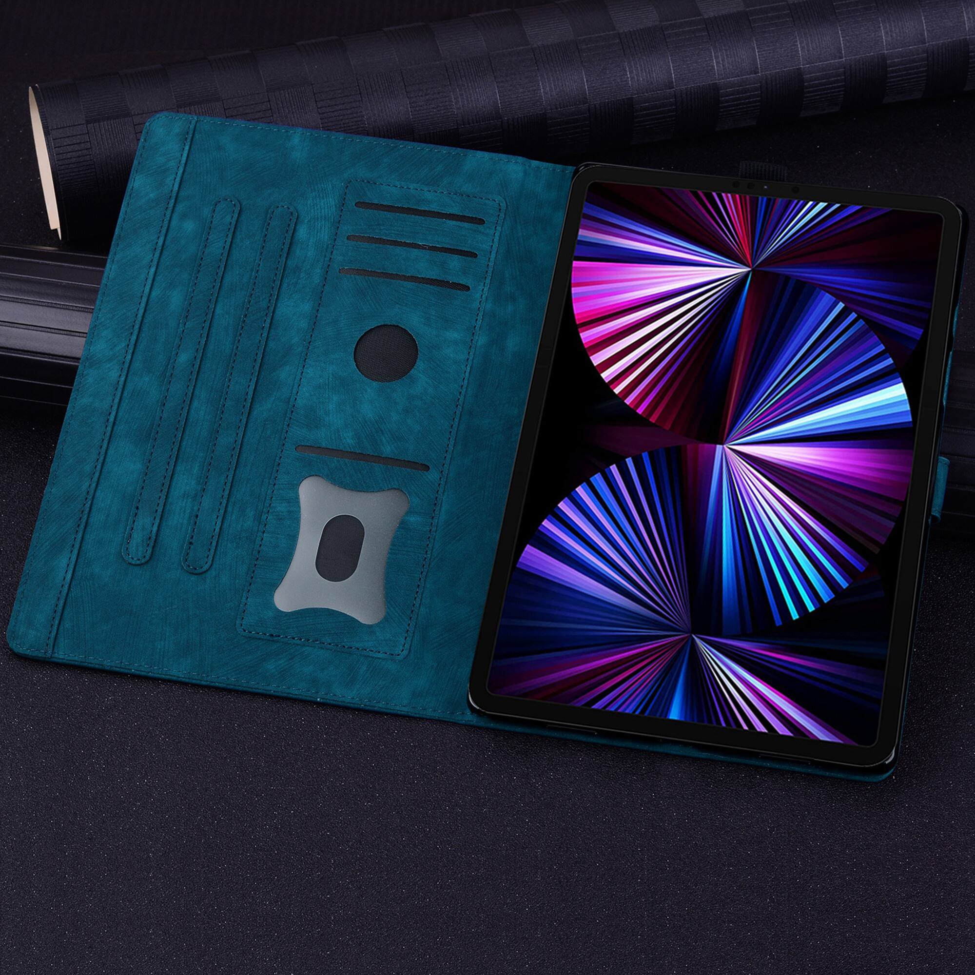 Back. Dteck - For Samsung Galaxy Tab S11 Ultra 14.6-inch Embossed Flower Pattern Folio Case Card Slots Kickstand Cover - Blue.