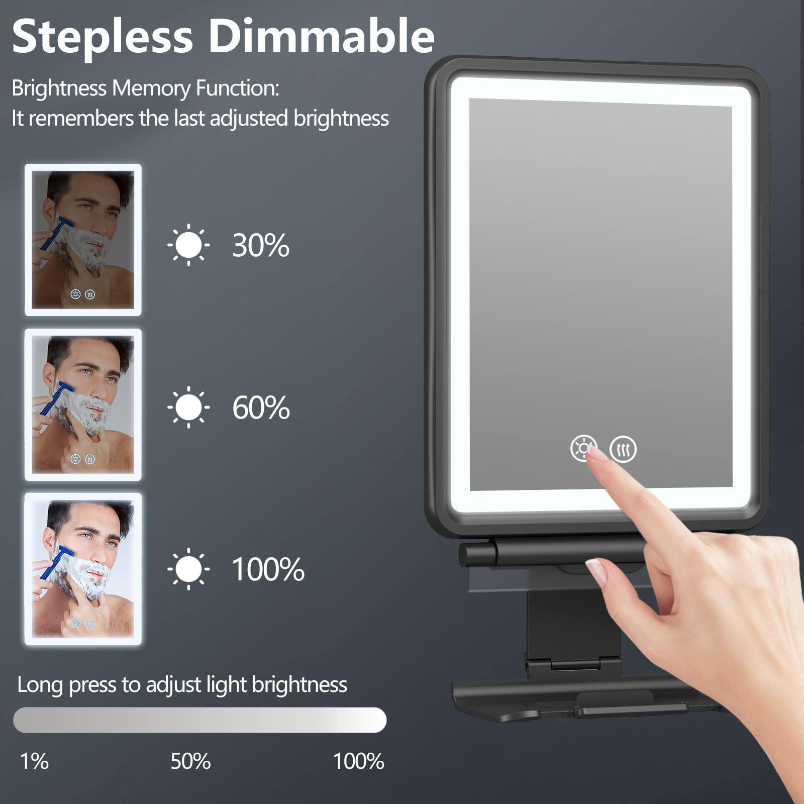 Stepless Dimmable

Brightness Memory Function:
It remembers the last adjusted brightness

30%
60%
100%

Long press to adjust light brightness

1%
50%
100%