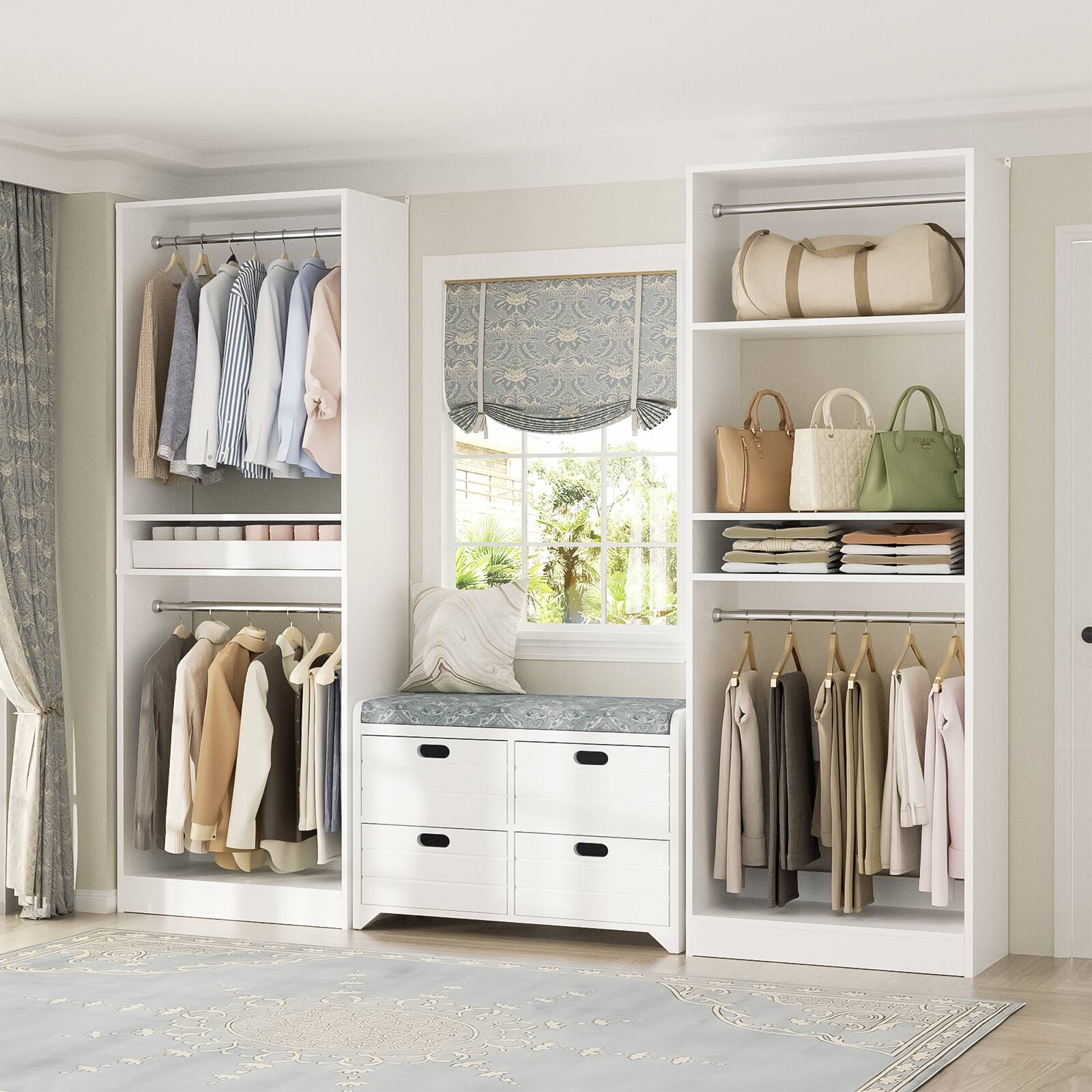 Left. Aheaplus - 50'' Closet Organizer System, Set of 2, Walk-in Closet Storage & Organizer with 4 Hanging Rods and Adjustable Shelves - White.