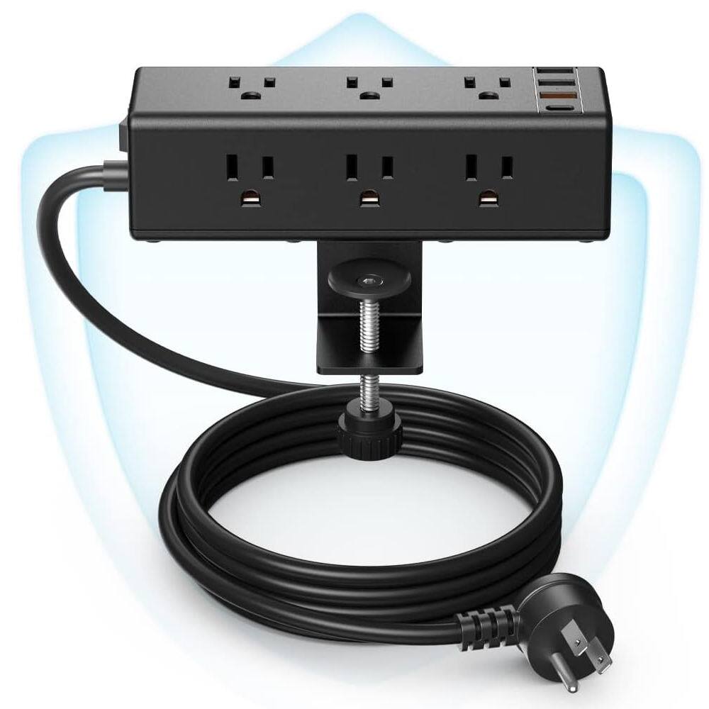 Alt View 2. Cluzine - 9-Outlet Desk Clamp Power Strip with PD 20W USB-C Fast Charging & 3 USB-A Ports, Office Desktop Power Station - Black.