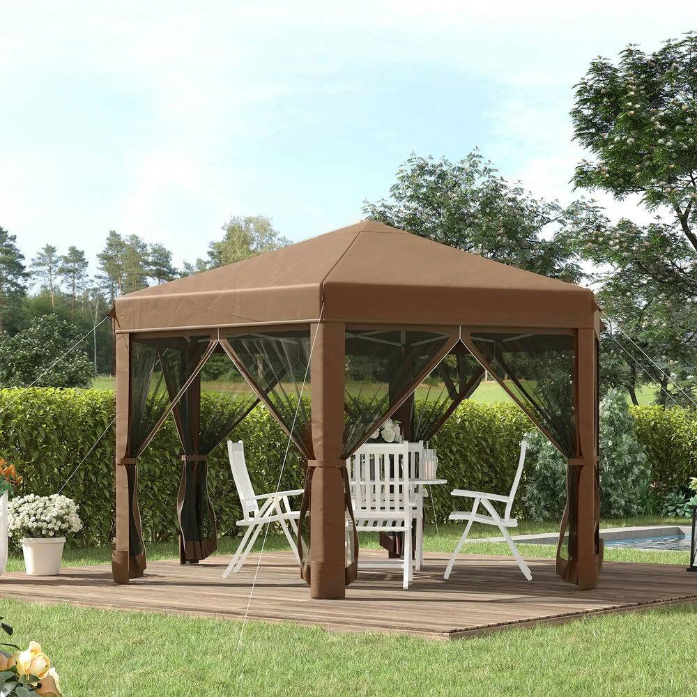Alt View 6. Spaco - Spaco 13' x 11' Hexagonal Pop Up Gazebo,6 Sidewall Netting,Adjustable Height - Dark Brown.
