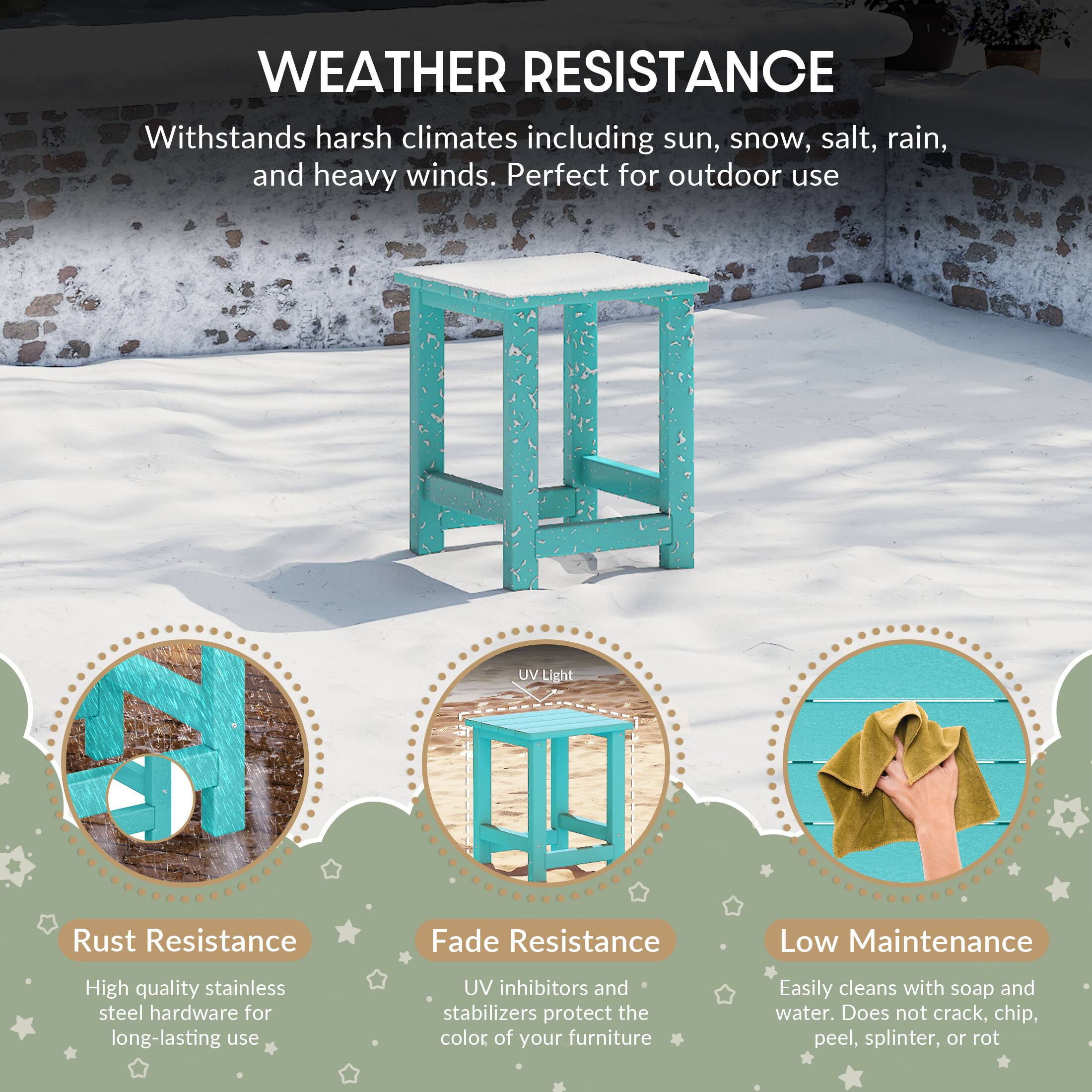 WEATHER RESISTANCE

Withstands harsh climates including sun, snow, salt, rain, and heavy winds. Perfect for outdoor use

UV Light

Rust Resistance
High quality stainless steel hardware for long-lasting use

Fade Resistance
UV inhibitors and stabilizers protect the color of your furniture

Low Maintenance
Easily cleans with soap and water. Does not crack, chip, peel, splinter, or rot