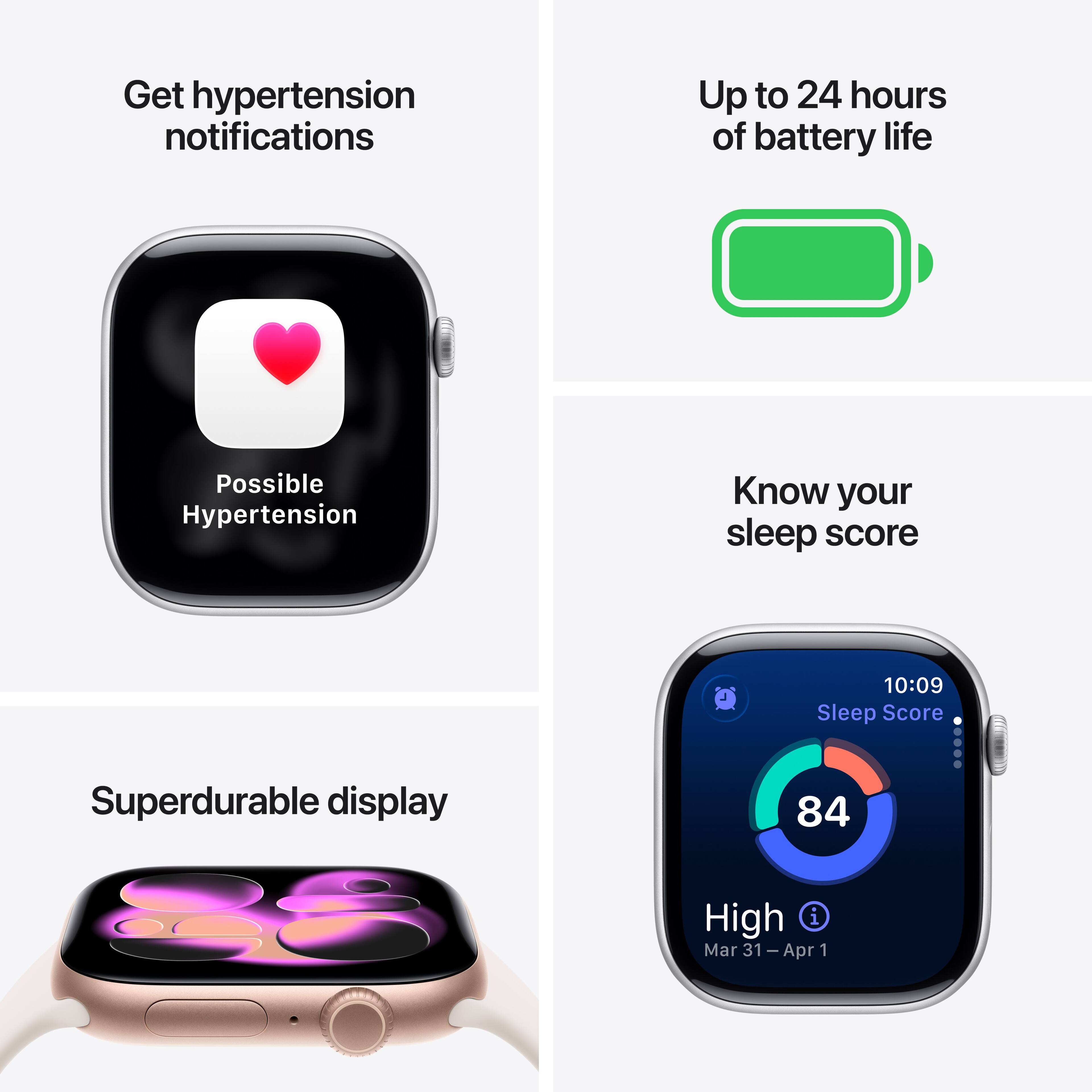 - Get hypertension notifications  
  Possible Hypertension

- Up to 24 hours of battery life

- Superdurable display

- Know your sleep score  
  10:09  
  Sleep Score  
  84  
  High  
  Mar 31 – Apr 1