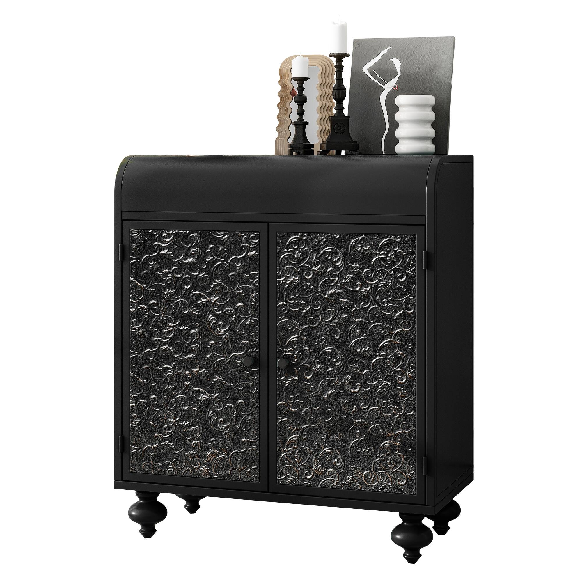 Spaco - Distressed Embossed Accent Cabinet, 2 Door Sideboard Buffet Storage with Art Design for Living Room Entryway - Antique Black