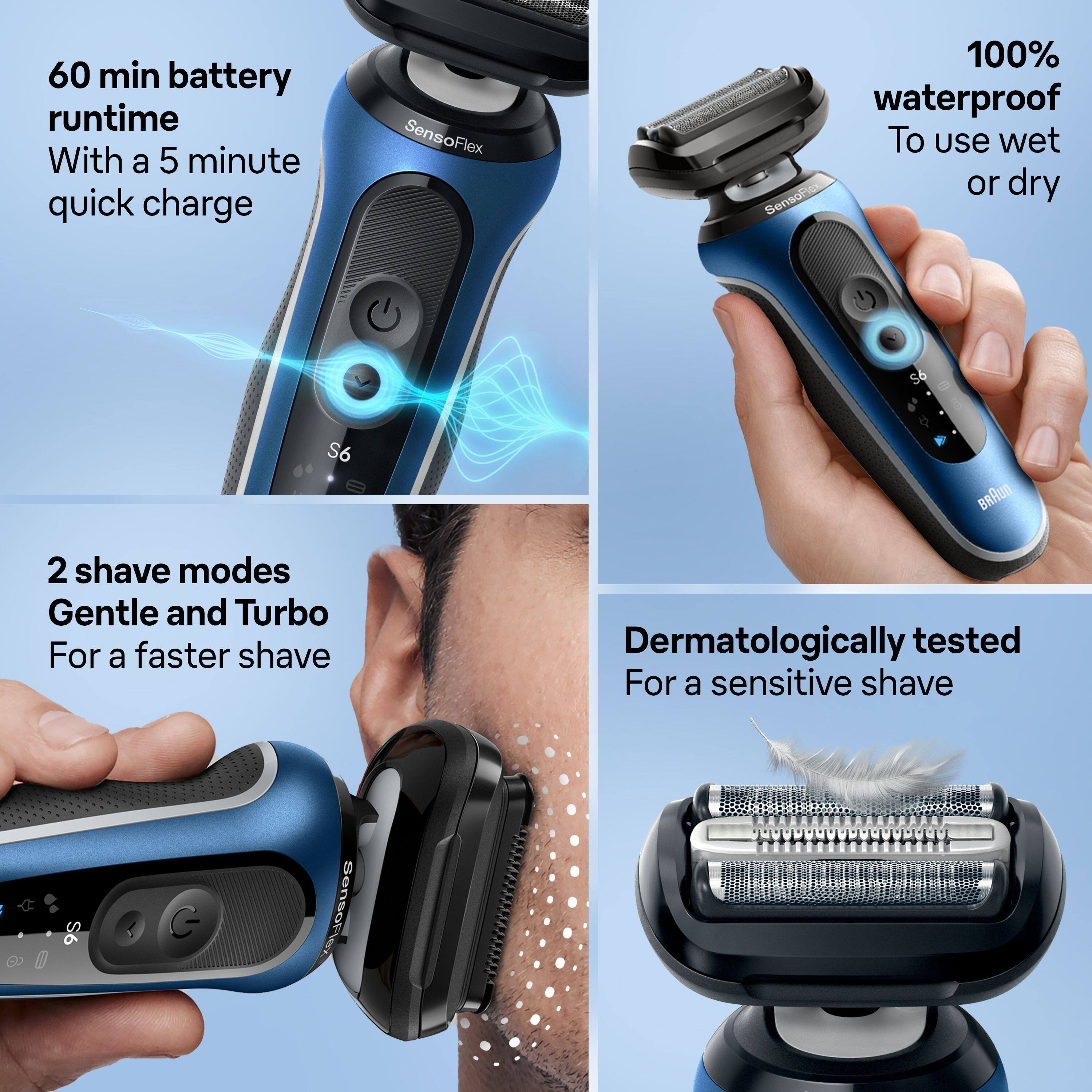 60 min battery runtime  
With a 5 minute quick charge  

100% waterproof  
To use wet or dry  

2 shave modes  
Gentle and Turbo  
For a faster shave  

Dermatologically tested  
For a sensitive shave