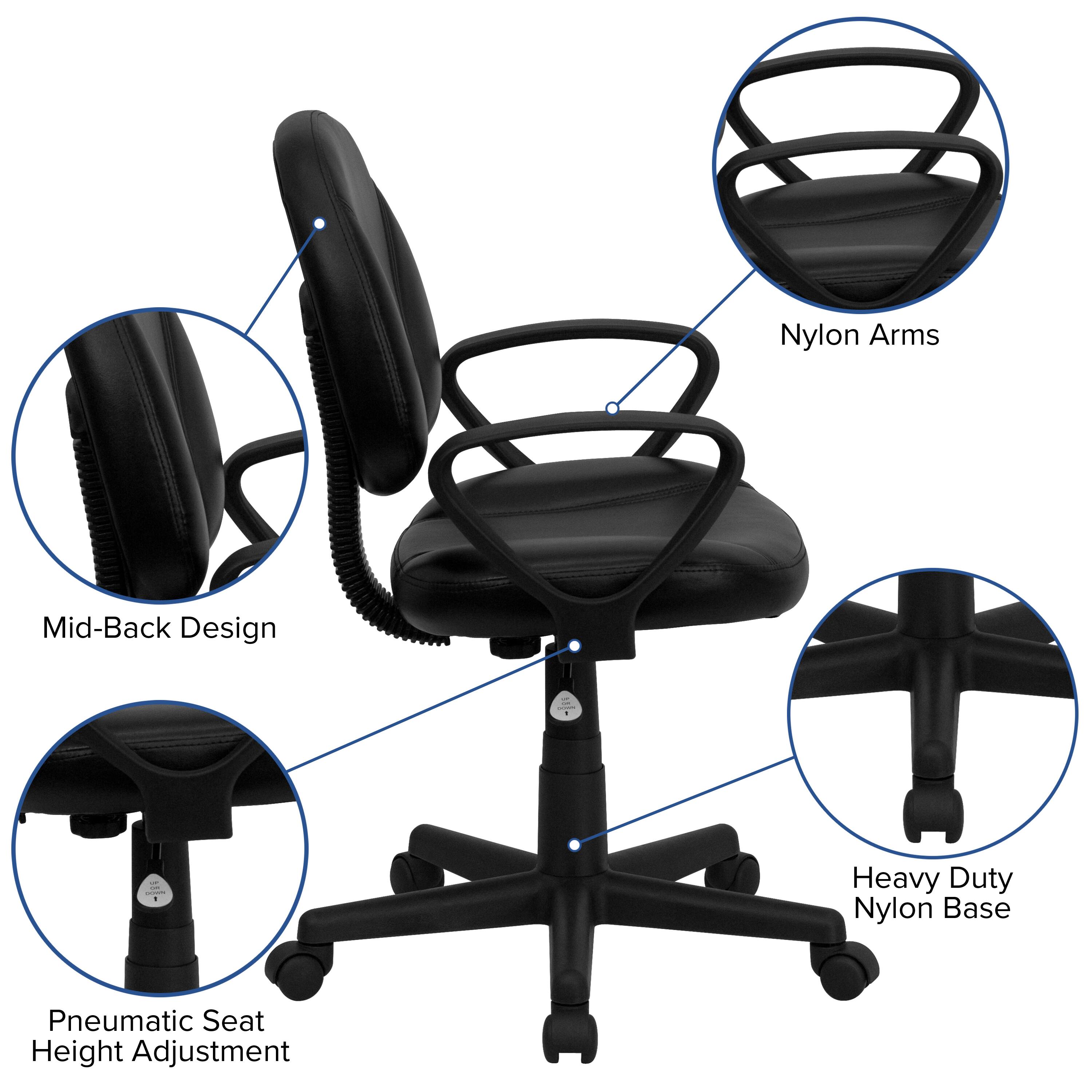 Nylon Arms  
Mid-Back Design  
Heavy Duty Nylon Base  
Pneumatic Seat Height Adjustment