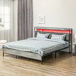 Homcom - King Size Bed Frame with Storage Headboard, Upholstered Platform Bed Frame with LED Lights, Charging Station - Cement Gray