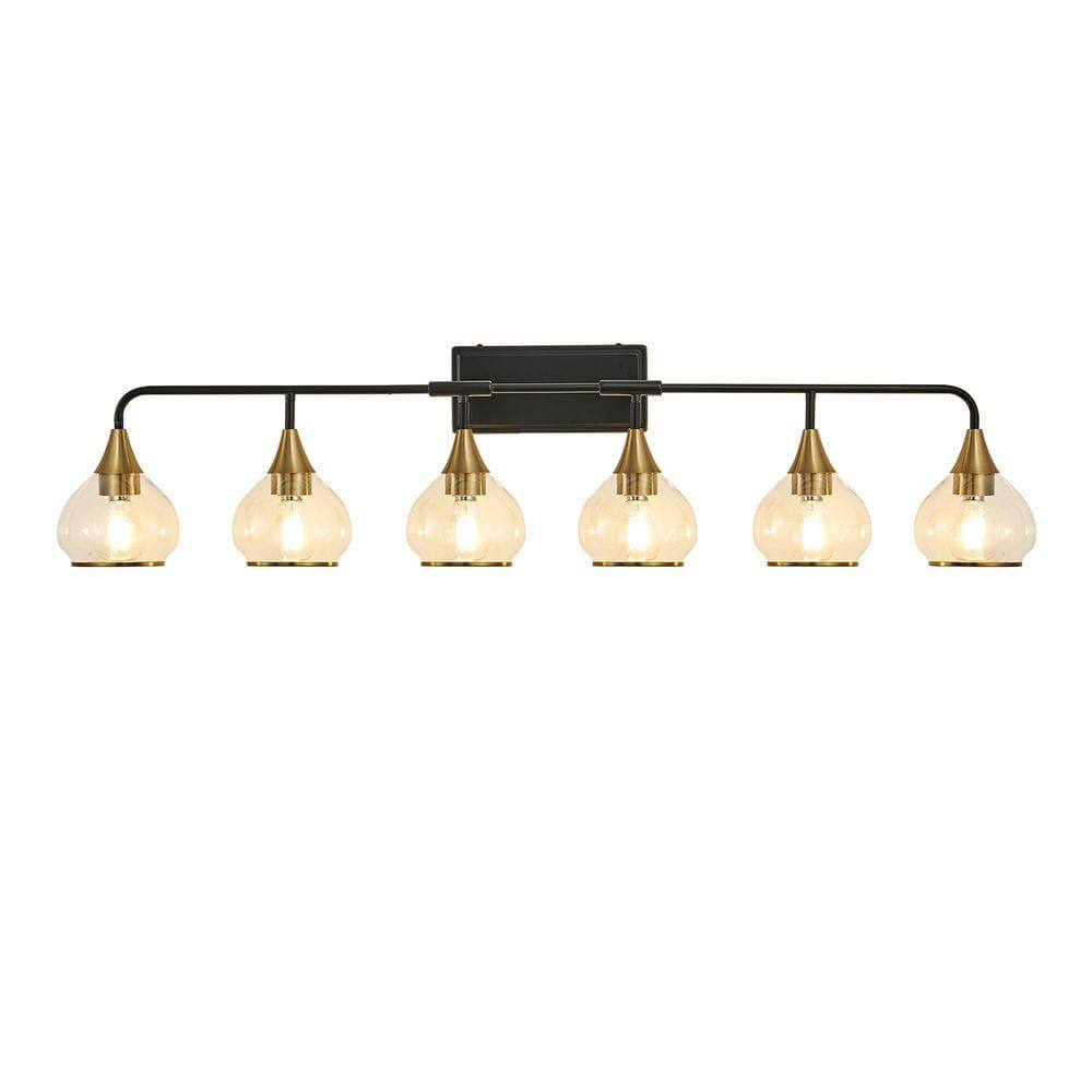 Angle. Kadyn - 48" Modern 6-Light Vanity Wall Sconce - Black and Gold Bathroom Light Fixture with Clear Glass Shades, Black Gold - Gold.