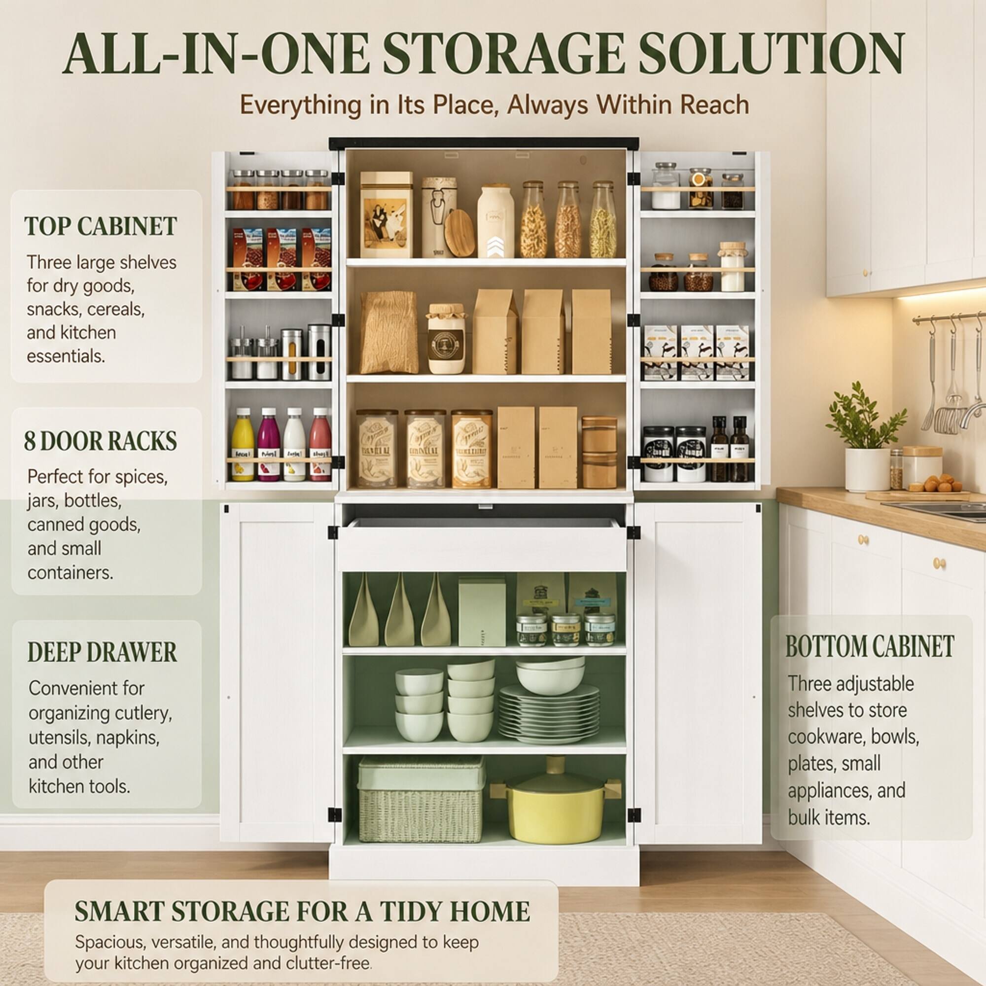 RYHNUYNE Freestanding Tall Storage Cabinet, Vertical Kitchen Pantry ...