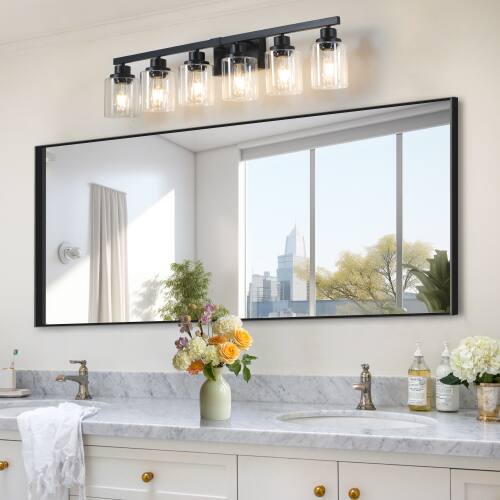 Alt View 1. LUCKY ONE - 37in Wall Mount Vanity Light, 6-Light Industrial Sconce with Clear Glass Shades for Bathroom - Black.