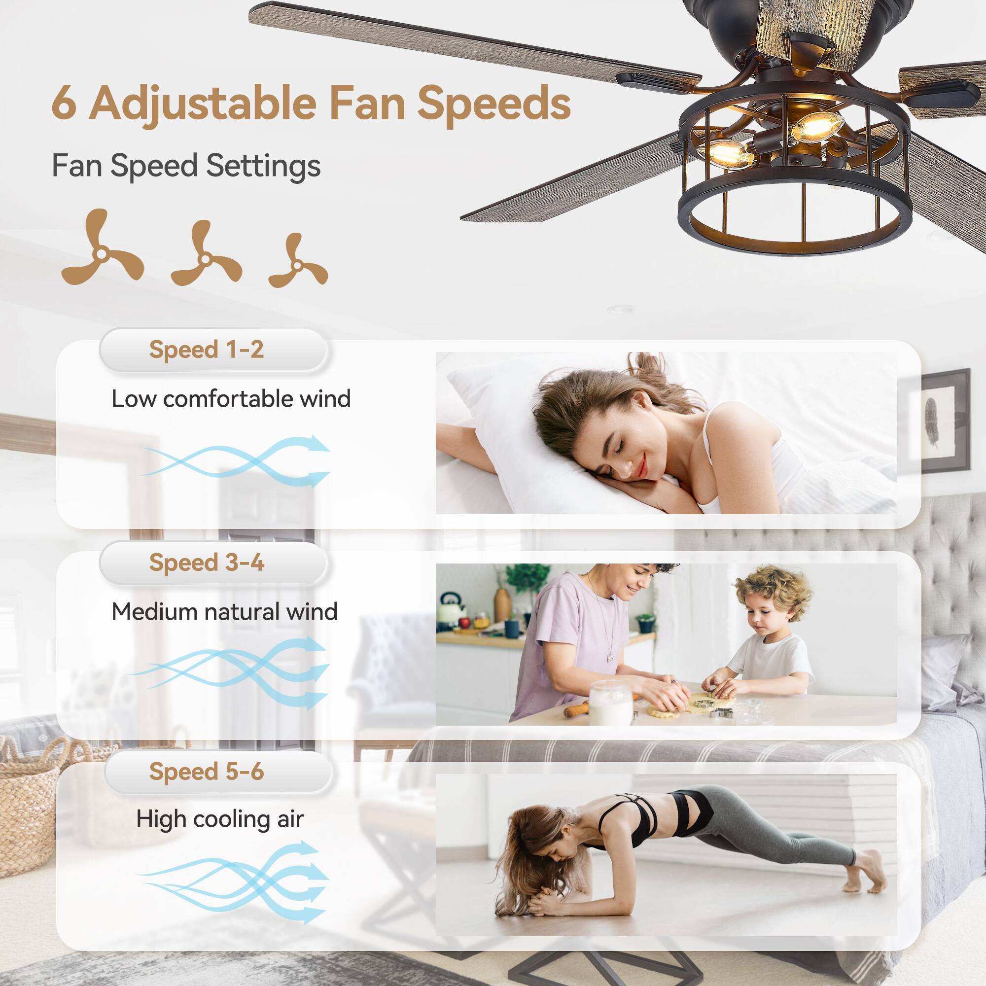 6 Adjustable Fan Speeds

Fan Speed Settings

Speed 1-2  
Low comfortable wind

Speed 3-4  
Medium natural wind

Speed 5-6  
High cooling air