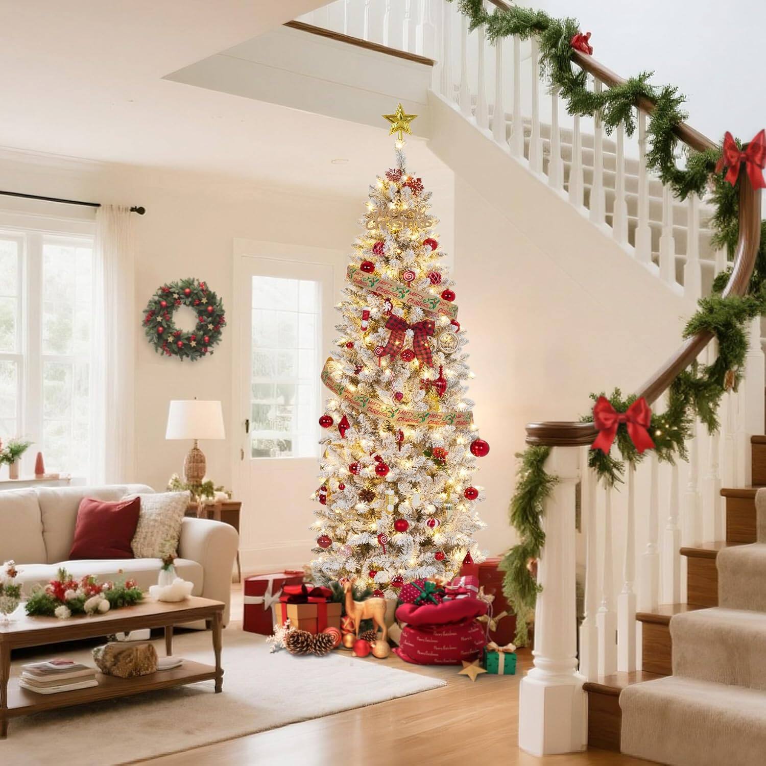 Angle. Qeetex - 9' Pre-Lit PVC Mixed Flocked Pencil Tree (Updated Version) - White.