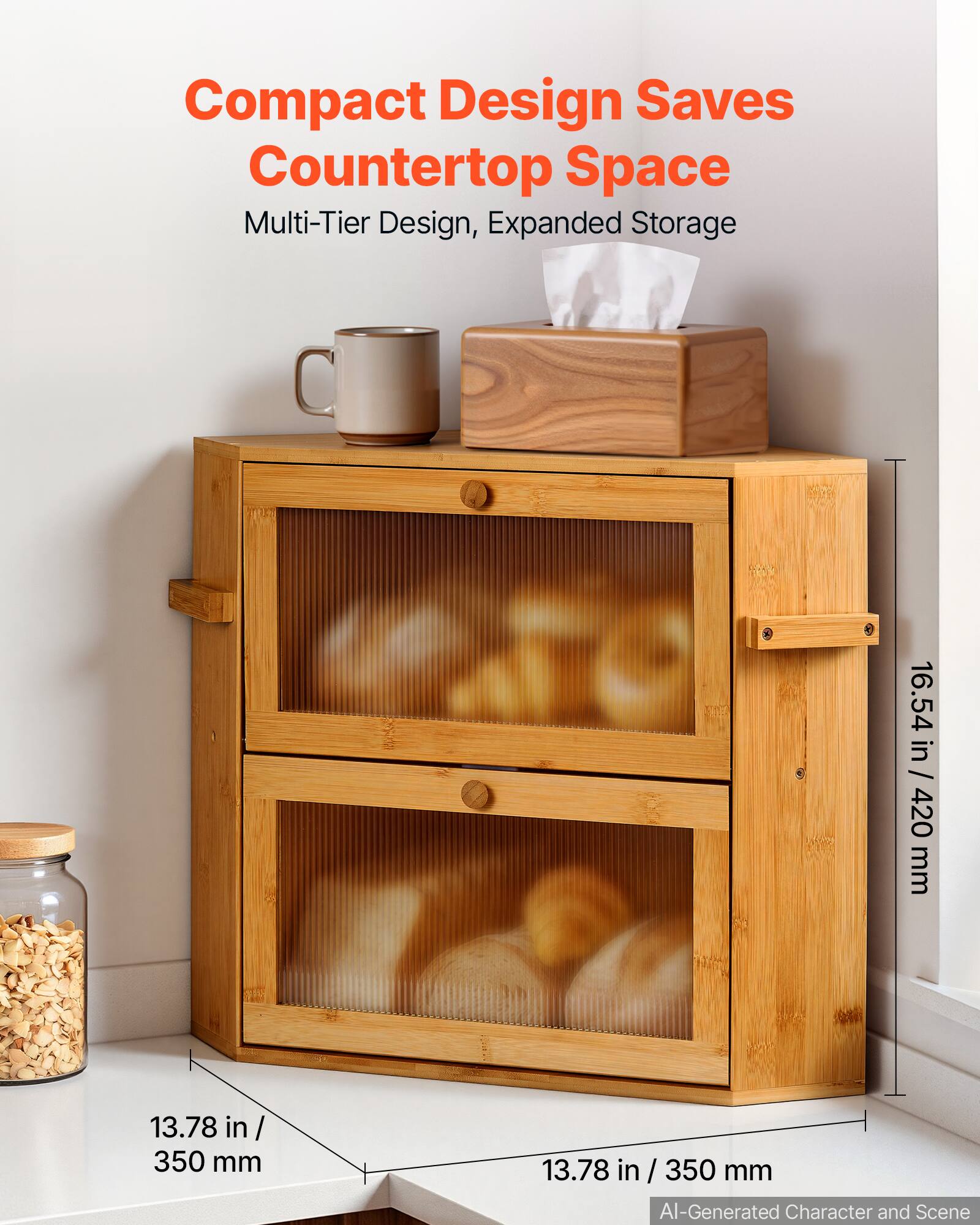 VEVOR Corner Bread Box for Kitchen Counter Bamboo Wood Container ...