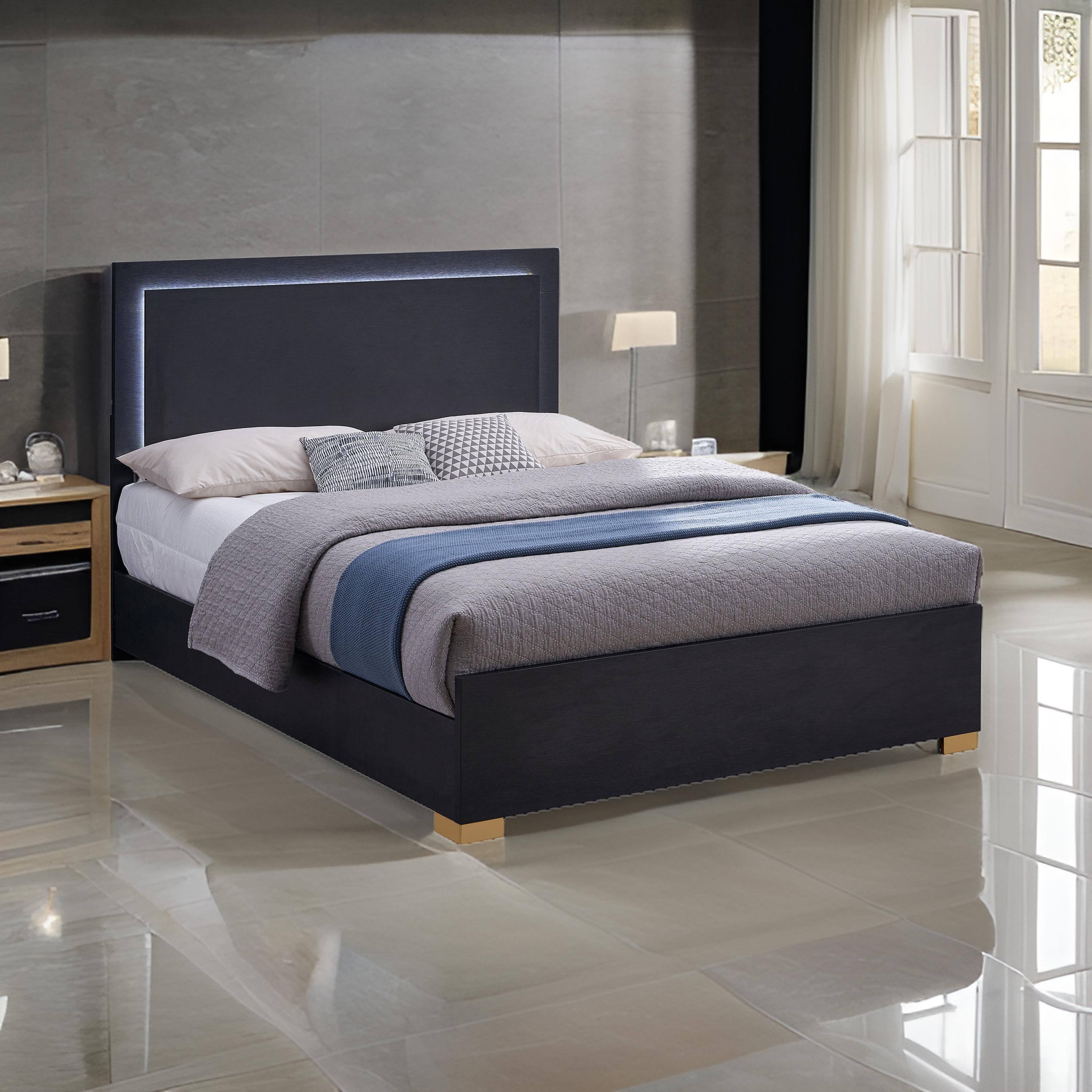 Alt View 5. Manhattan Lane - Dex Platform King Size Bed, Panel LED Headboard, Black Wood Melamine Finish - Black, Gold.