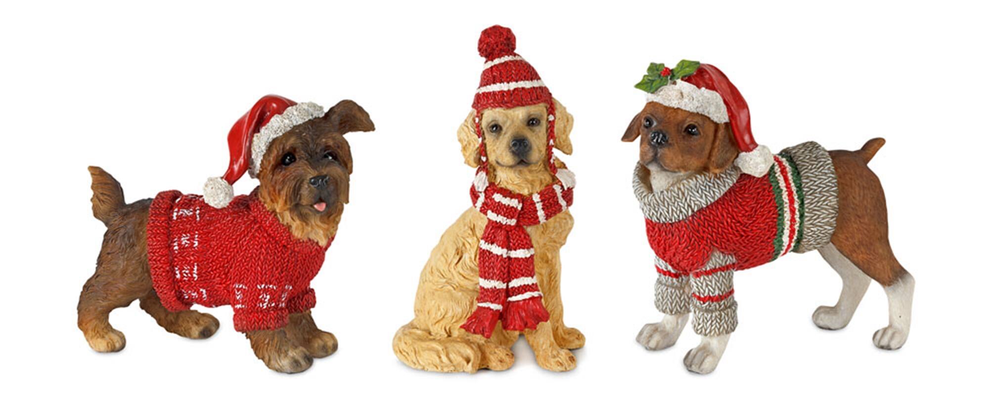 Angle. BreeBe - Winter Dog Figurine with Hat and Sweater Accent (Set of 6) - Red, Brown, Grey.