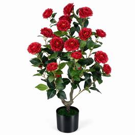Costway - Artificial Camellia Tree, 35.5" Faux Flower Plant in Cement-Filled Pot for Home - Red & Green & Black