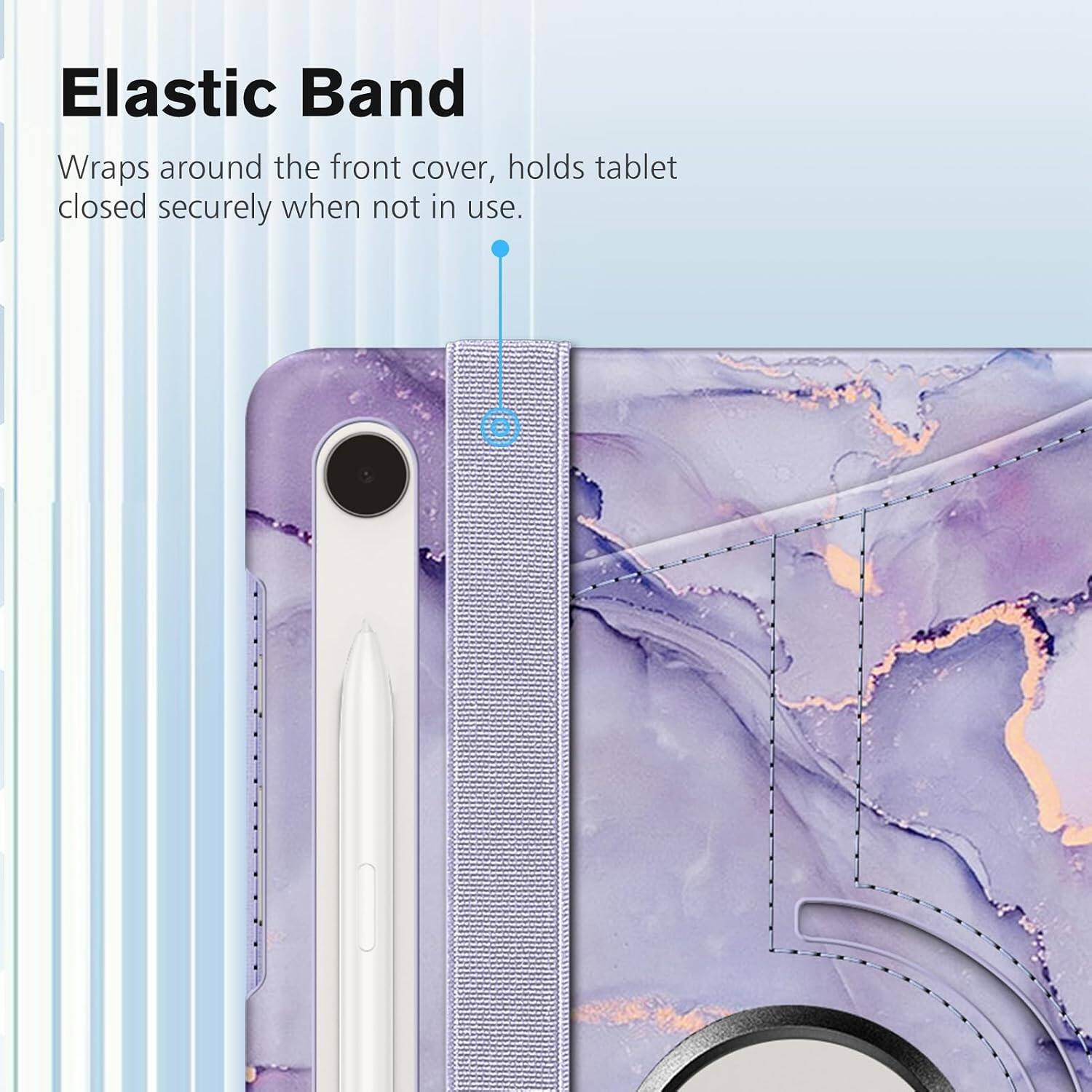 Elastic Band Wraps around the front cover, holds tablet closed securely when not in use.