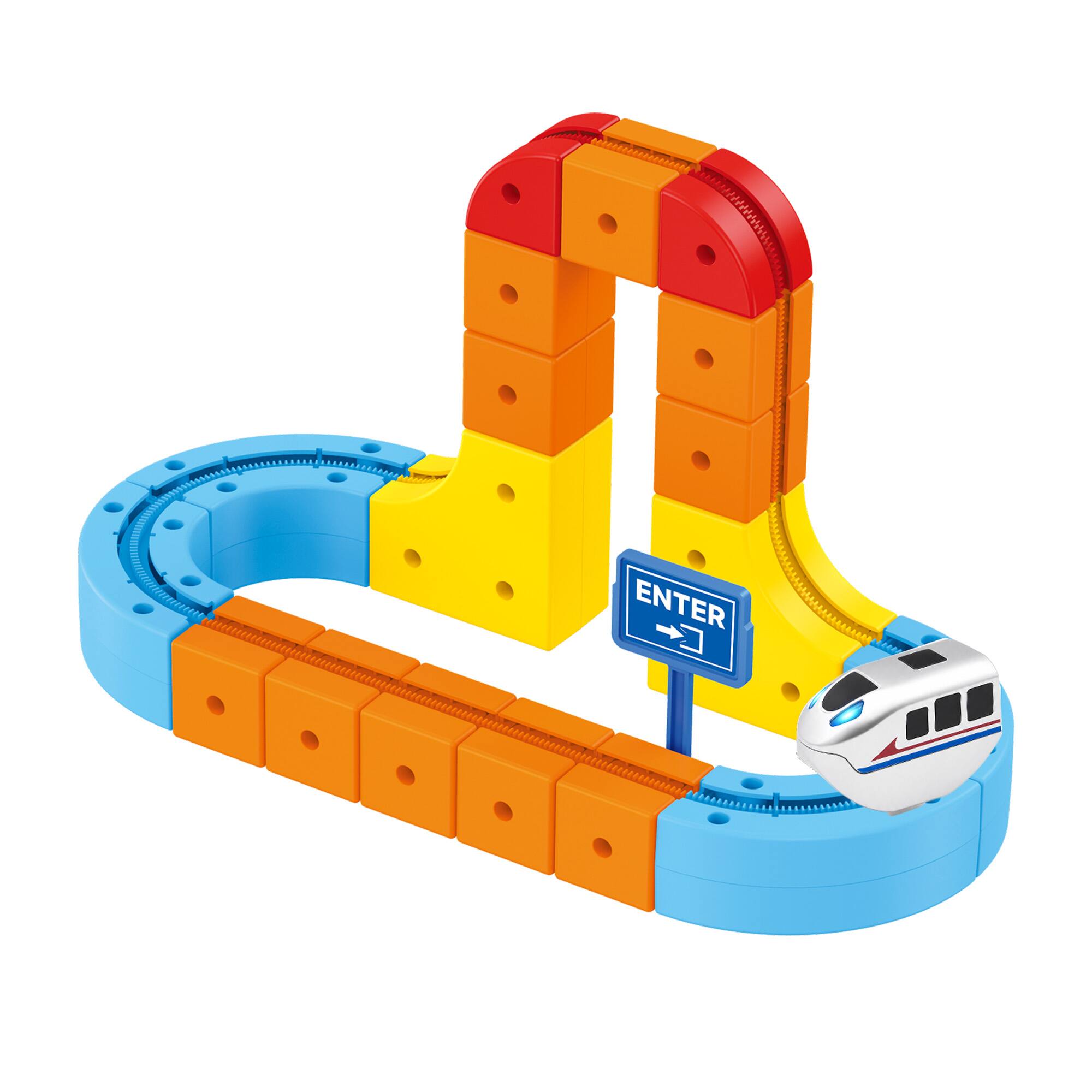 Left. Contixo - MT5 3D Gear Track 147-Piece Building Block Railway with Remote Control Motorized Train, Ages 6+ - Blue and Orange.