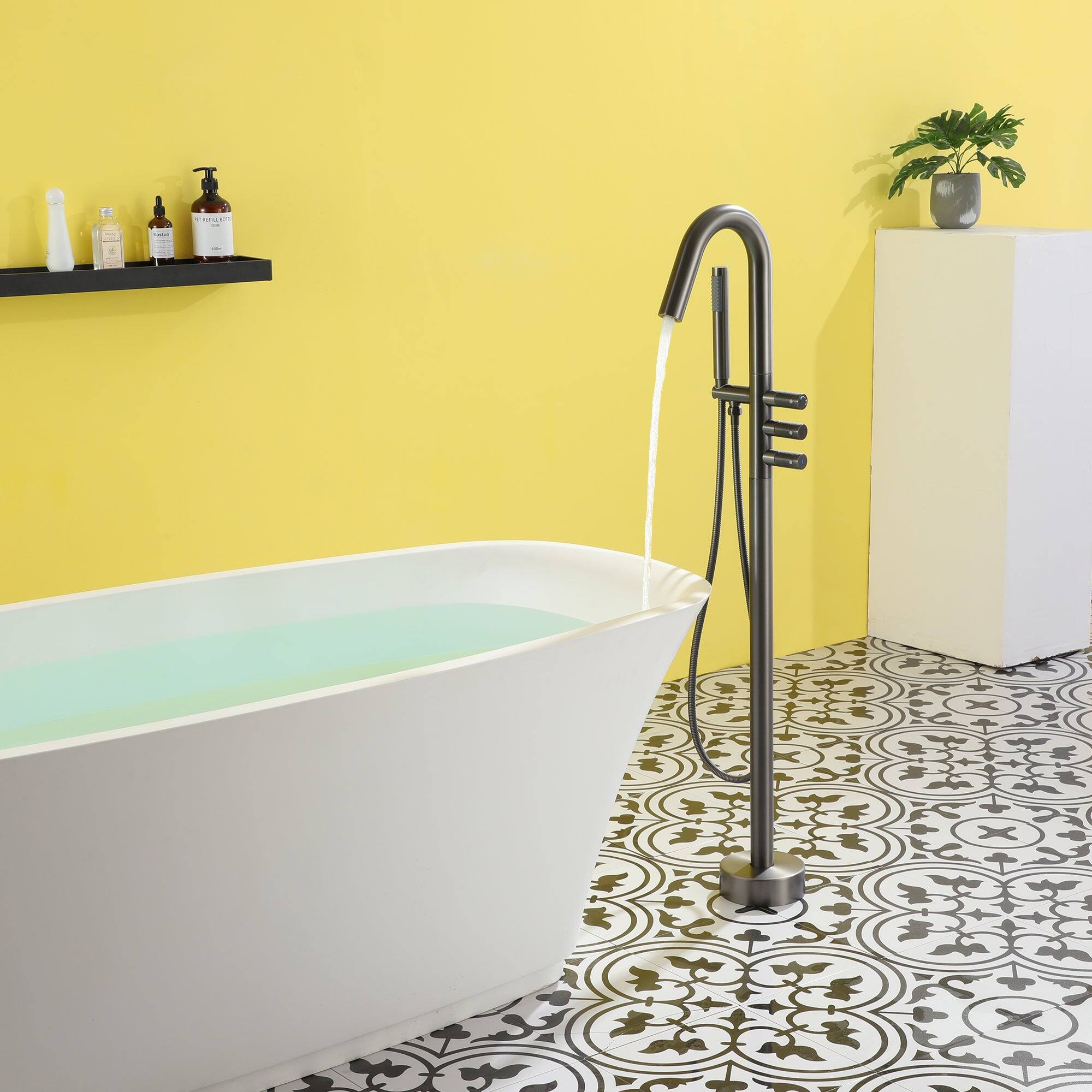 Alt View 5. Boyel Living - Freestanding Floor Mount Single Handle Bath Tub Filler Faucet with Water Supply Lines in Gunmetal Gray - Gunmetal Gray.