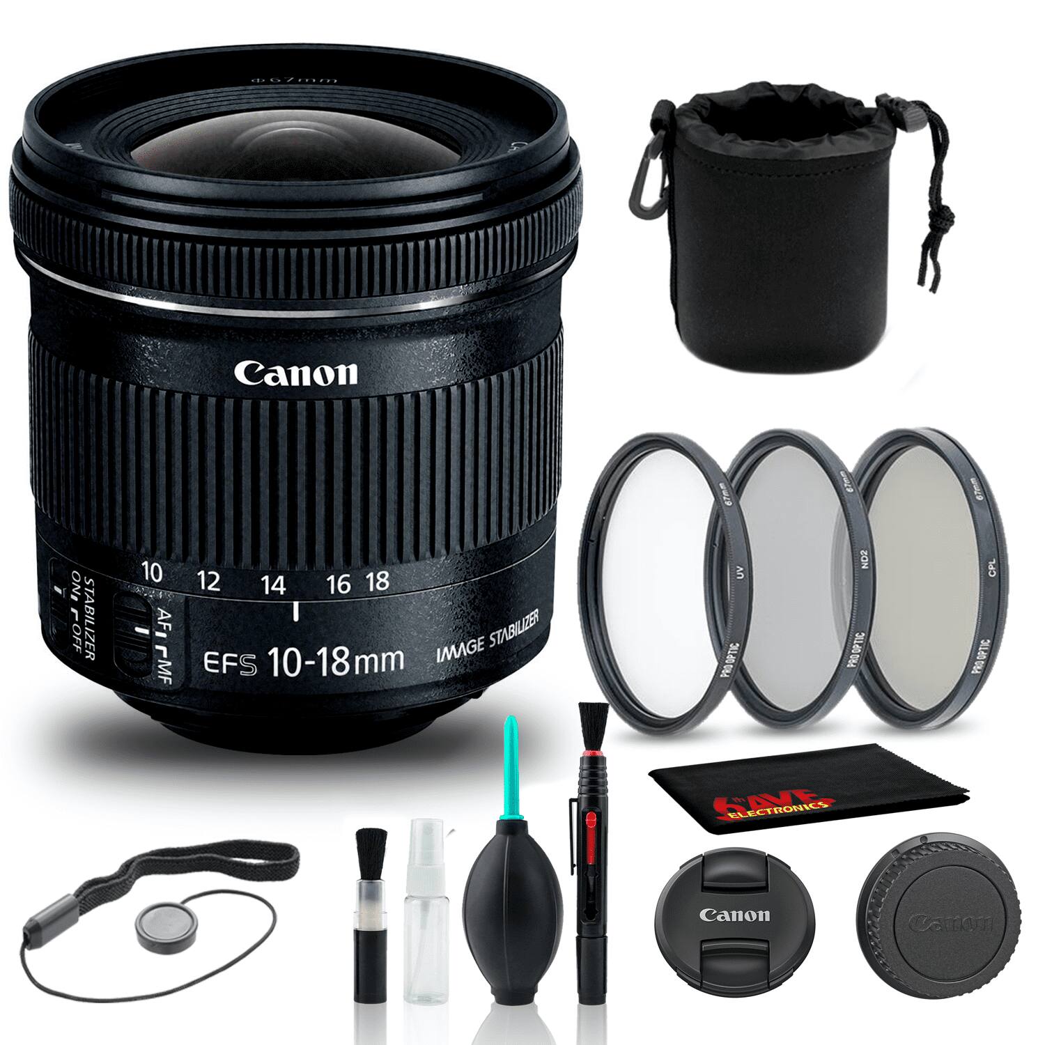 Canon EF-S 10-18mm f/4.5-5.6 IS STM Lens  
Canon Lens Hood  
Canon Lens Cap  
Canon Lens Cleaning Kit (including brush, cloth, and solution)  
Canon Lens Cleaning Spray  
Canon Lens Cleaning Pen  
Canon Lens Cleaning Cloth  
Canon Lens Case  
Canon Lens Filter (UV, CPL, ND)