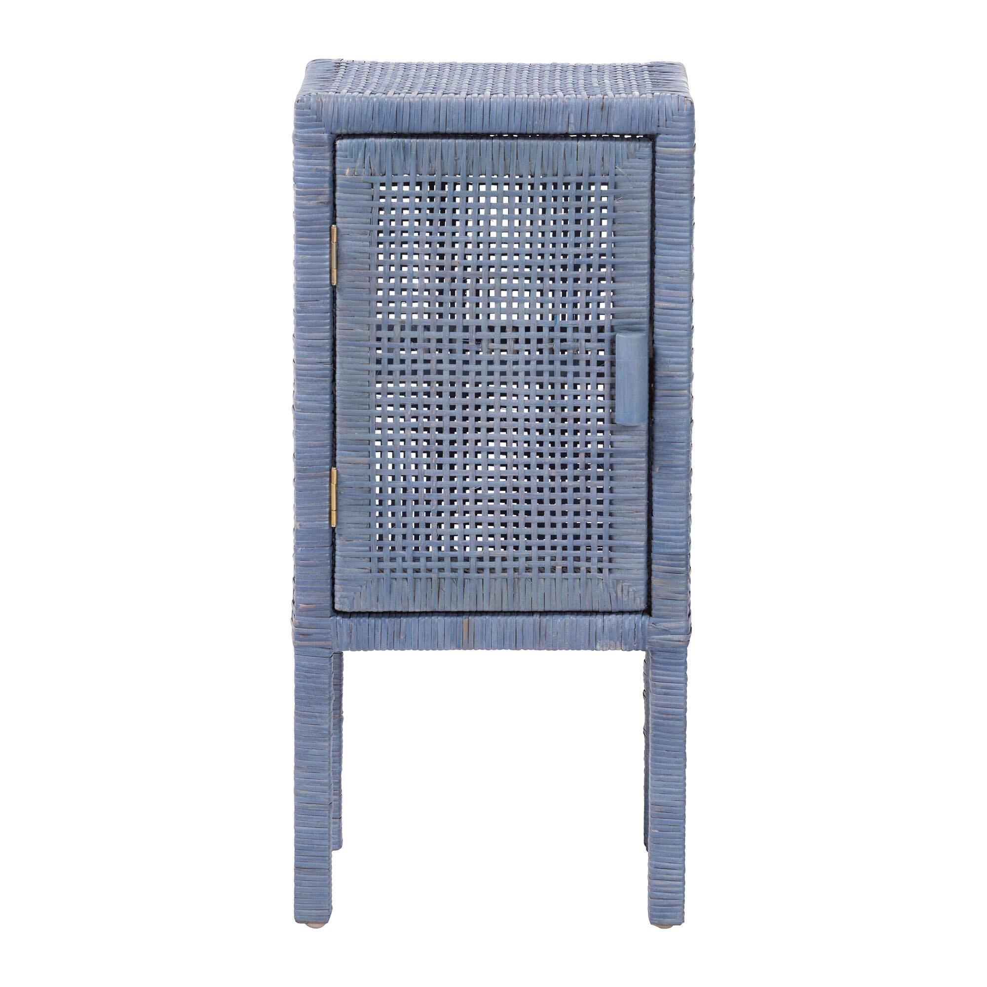 Left. bali & pari - Vivan Natural Rattan Nightstand - Handwoven Wicker Accent Bedside Table with Interior Shelving and Elevated Base - Navy Blue.