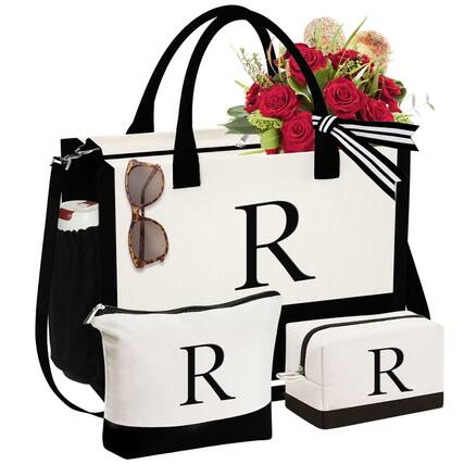 Front. Paradigms Interiors - Initial Canvas Tote Bag & Makeup Birthday Gifts For Women Mom Sister Friends Bridesmaid Wedding - R.
