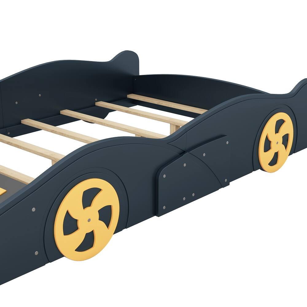 Alt View 7. Loheer - Loheer Full Size Race Car Bed with Storage Wheels Dark Blue - Dark Blue+Yellow.